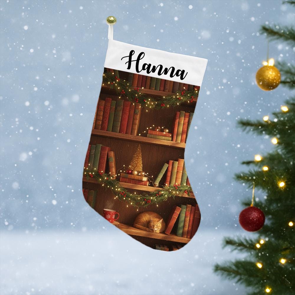 Personalized Book Lover Christmas Stocking: Library Cat Holiday Decor