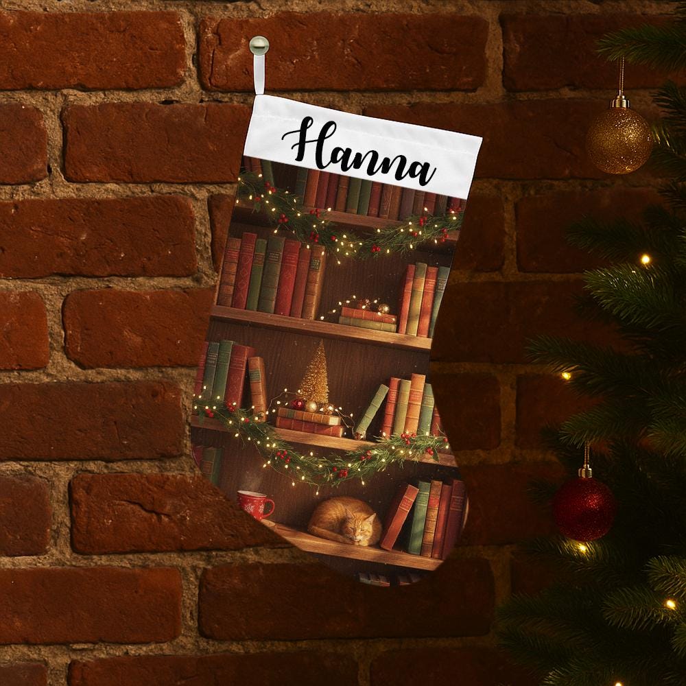 Personalized Book Lover Christmas Stocking: Library Cat Holiday Decor