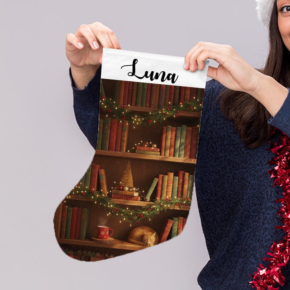Personalized Book Lover Christmas Stocking: Library Cat Holiday Decor