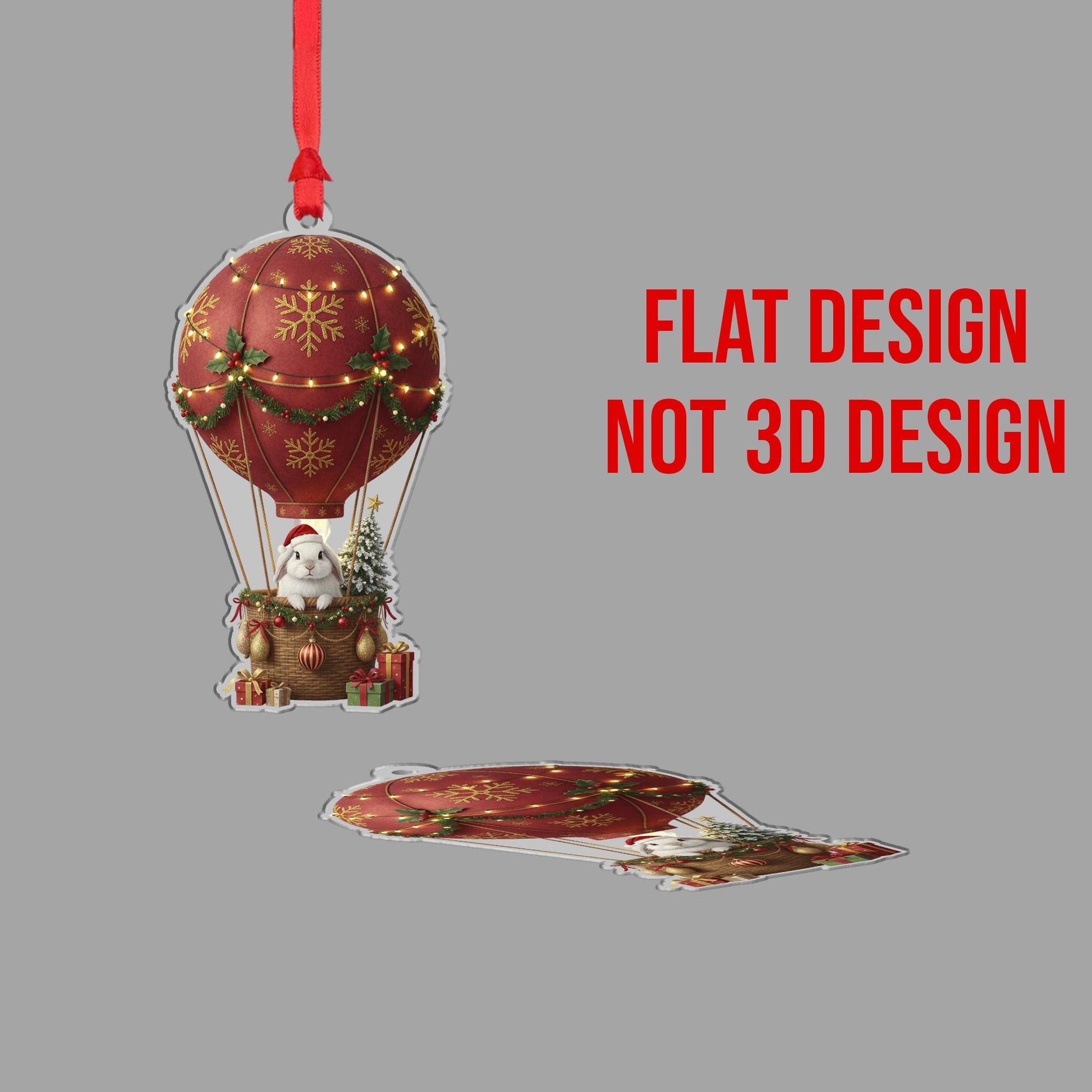 Christmas Hot Air Balloon Ornament with Bunny and Gifts – Red Gold Snowflake Design