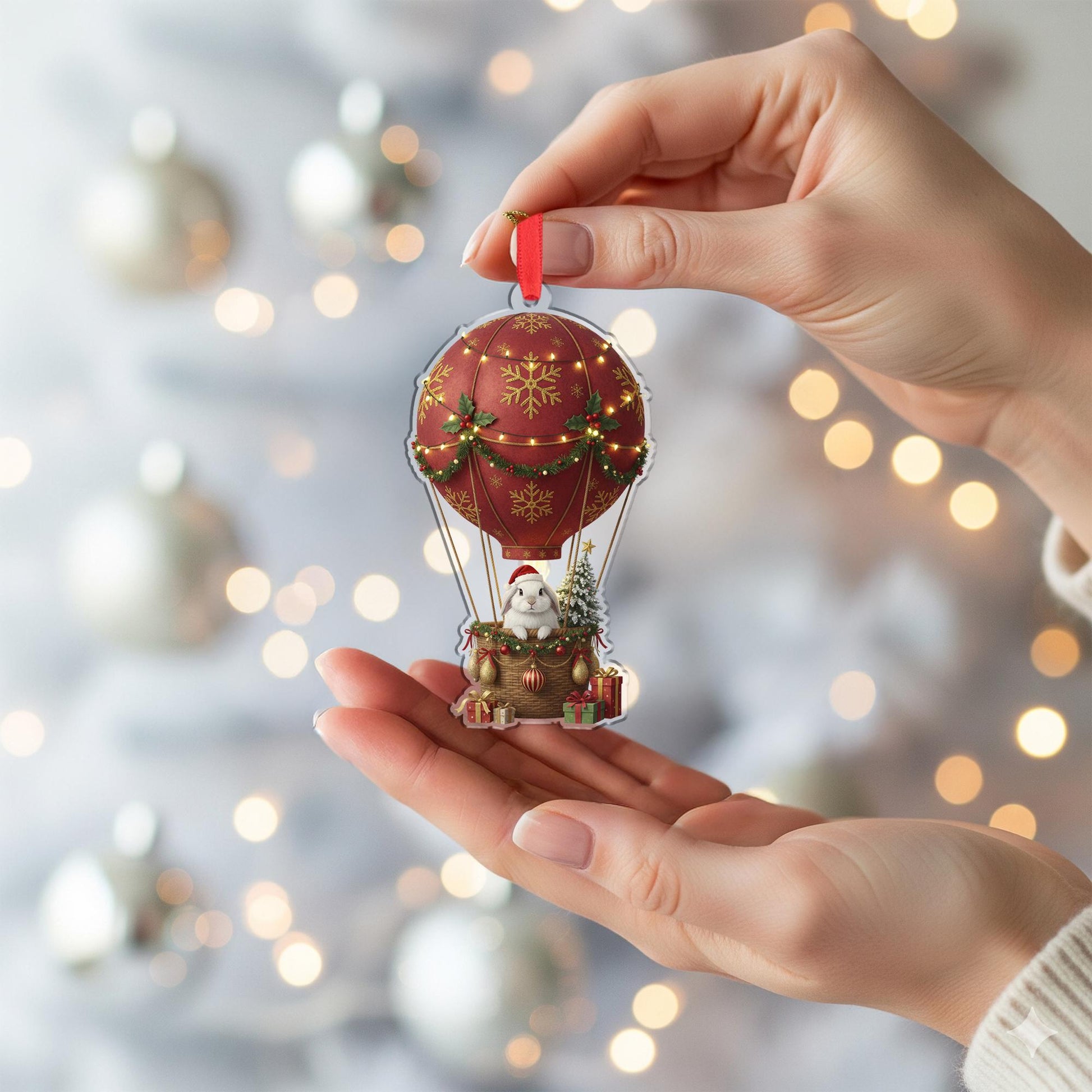 Christmas Hot Air Balloon Ornament with Bunny and Gifts – Red Gold Snowflake Design
