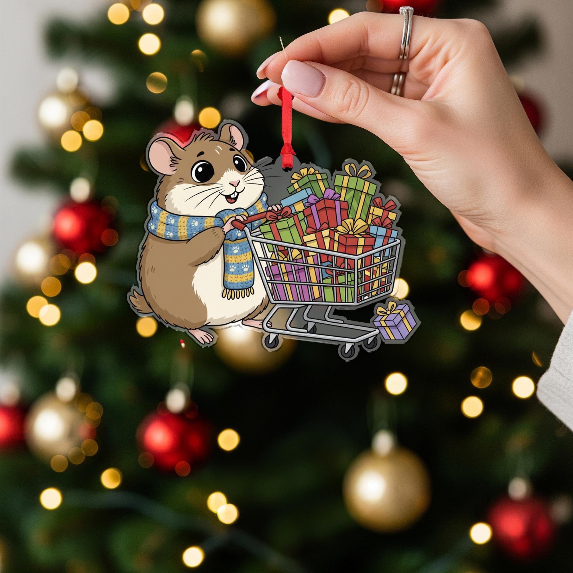 Hamster Ornament with Shopping Cart and Presents – Holiday Animal Decoration
