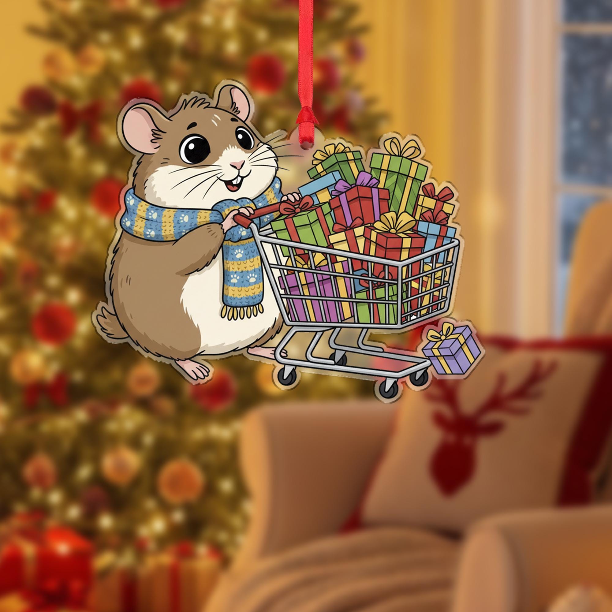 Hamster Ornament with Shopping Cart and Presents – Holiday Animal Decoration