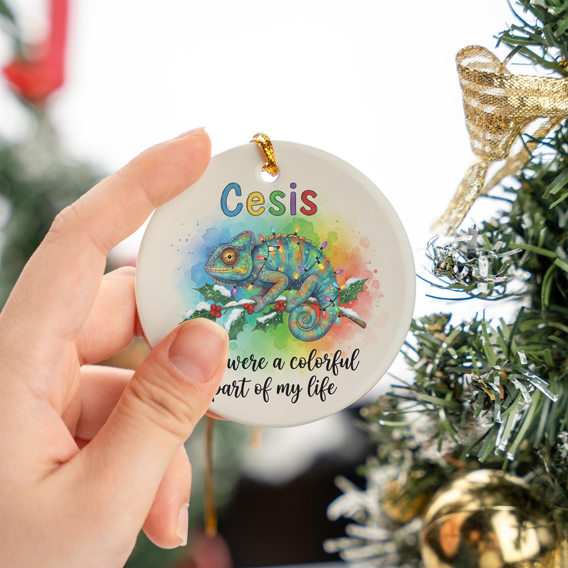 Ceramic Ornament with Chameleon – Watercolor Rainbow Animal Design