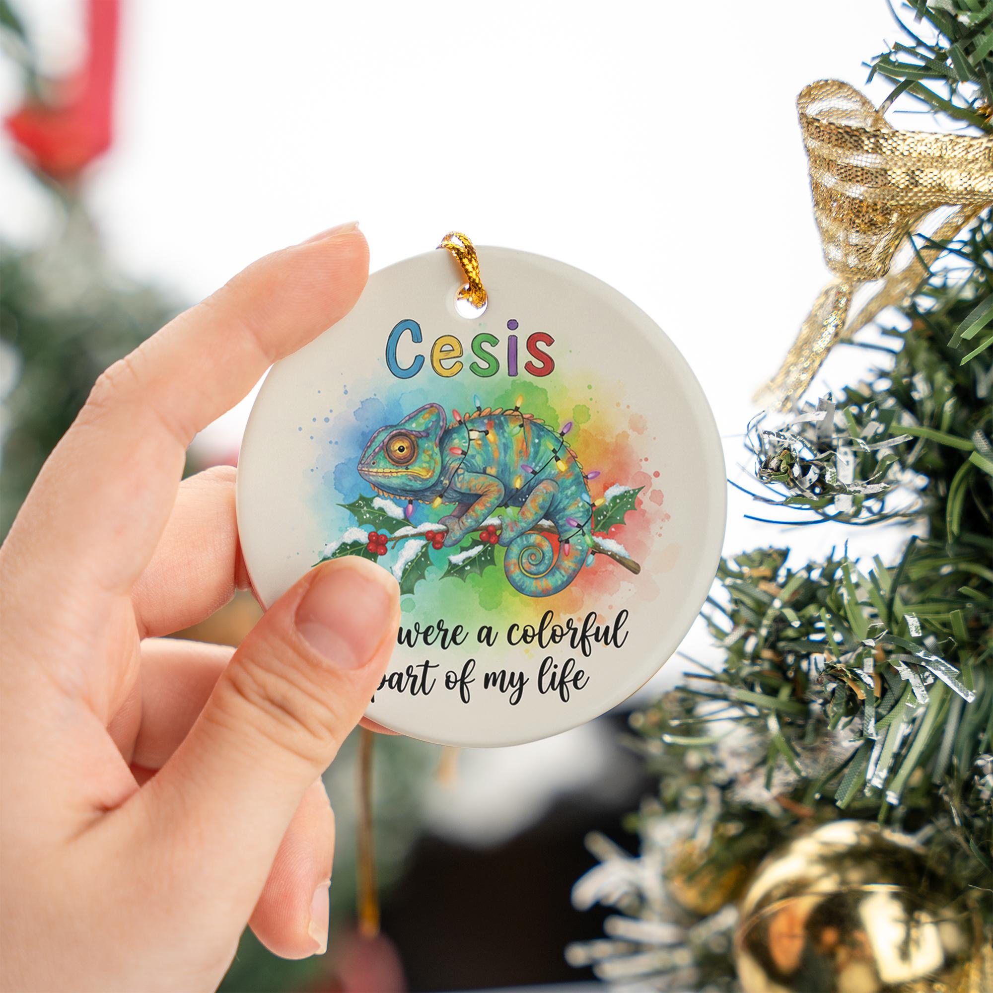 Ceramic Ornament with Chameleon – Watercolor Rainbow Animal Design