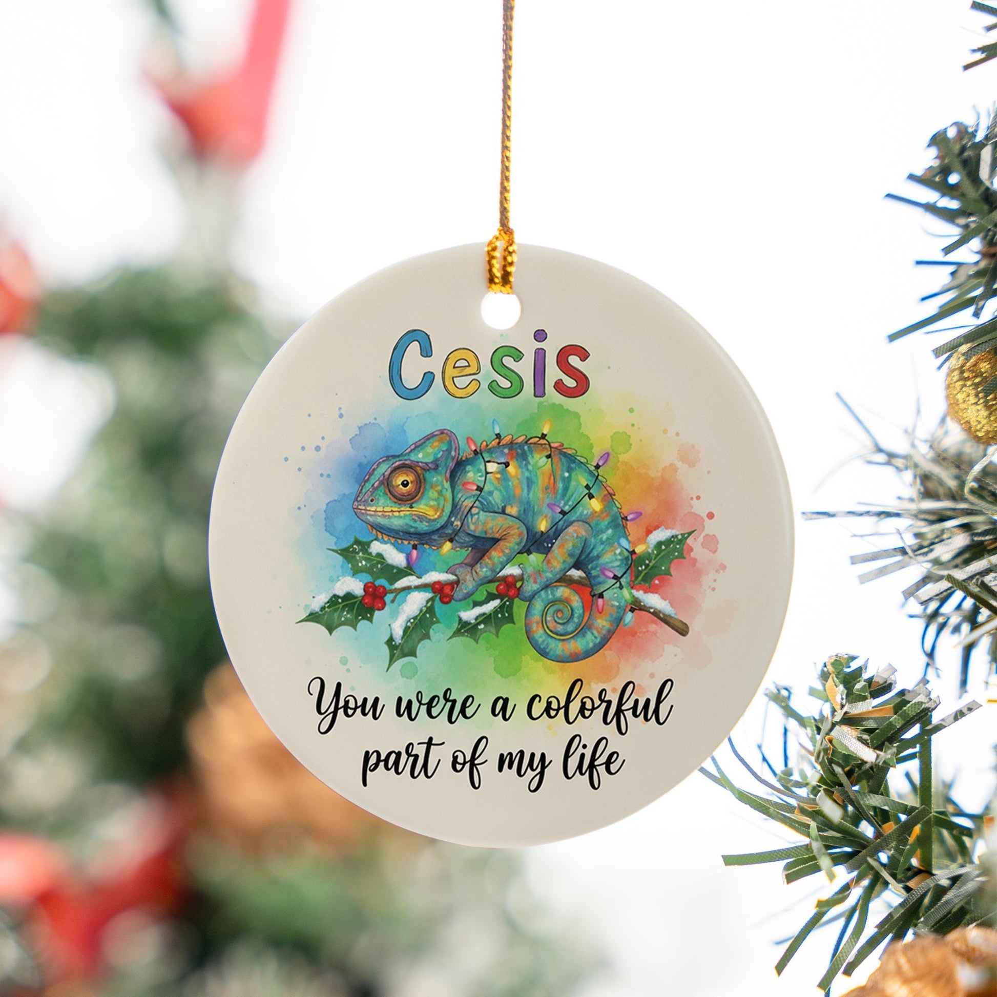 Ceramic Ornament with Chameleon – Watercolor Rainbow Animal Design