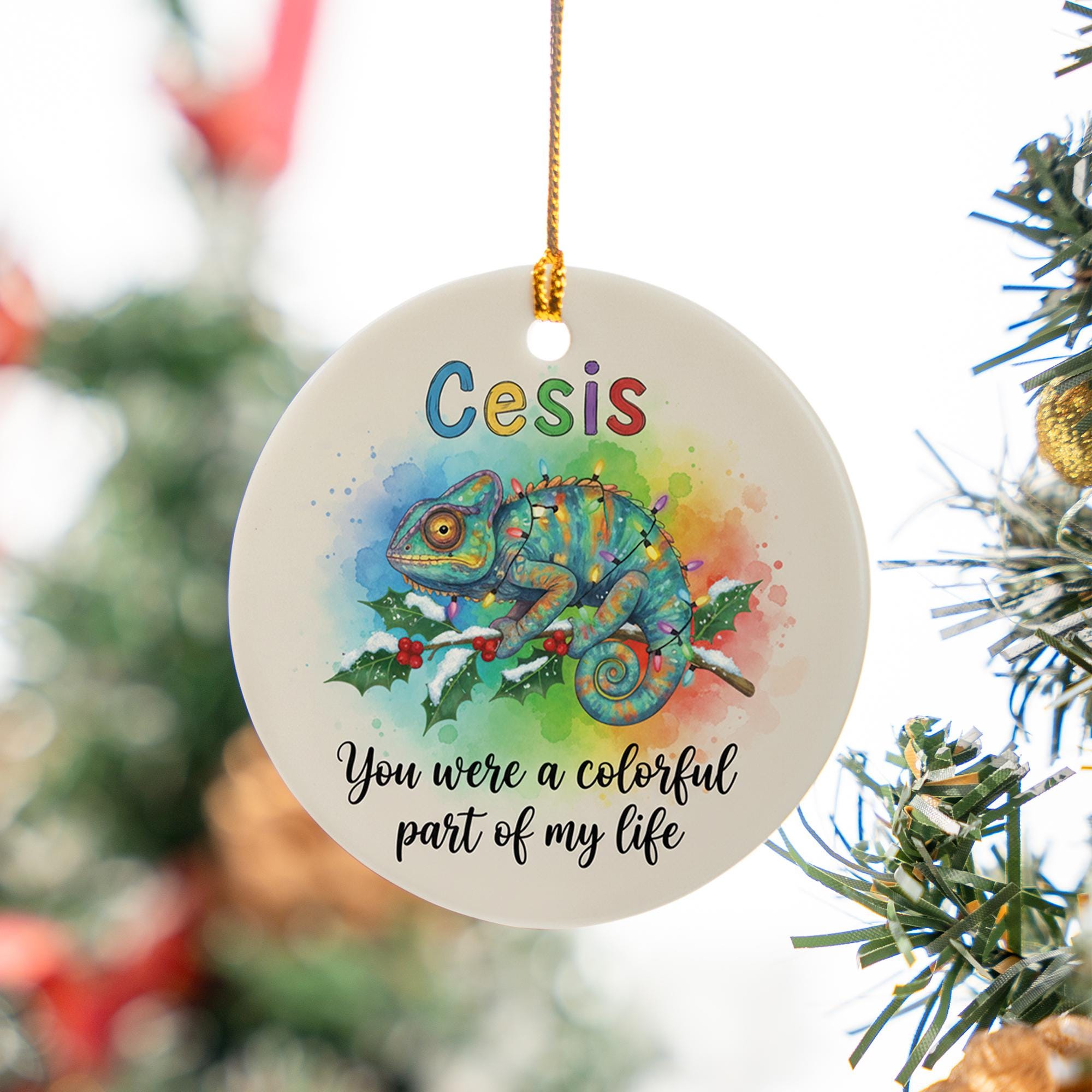 Ceramic Ornament with Chameleon – Watercolor Rainbow Animal Design