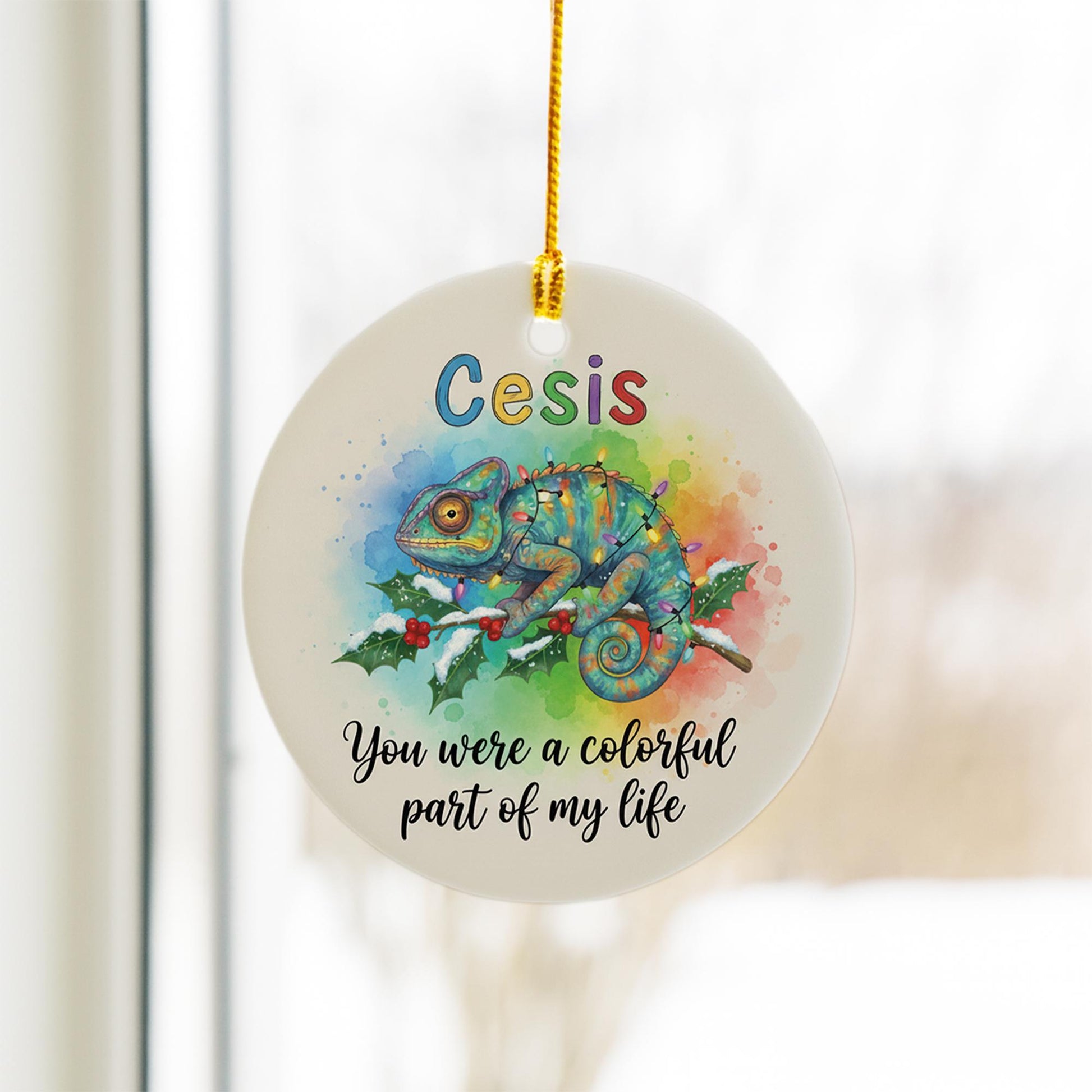 Ceramic Ornament with Chameleon – Watercolor Rainbow Animal Design