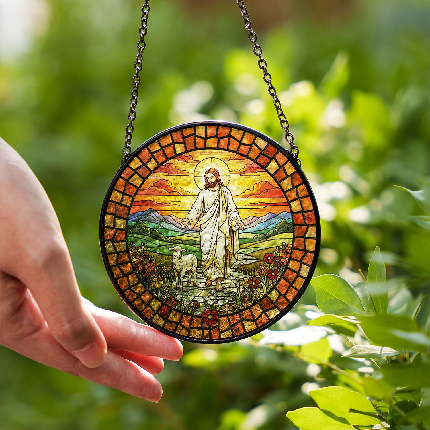 Jesus Walking with Lamb Stained Glass Suncatcher – Religious Window Decoration with Sunset Design