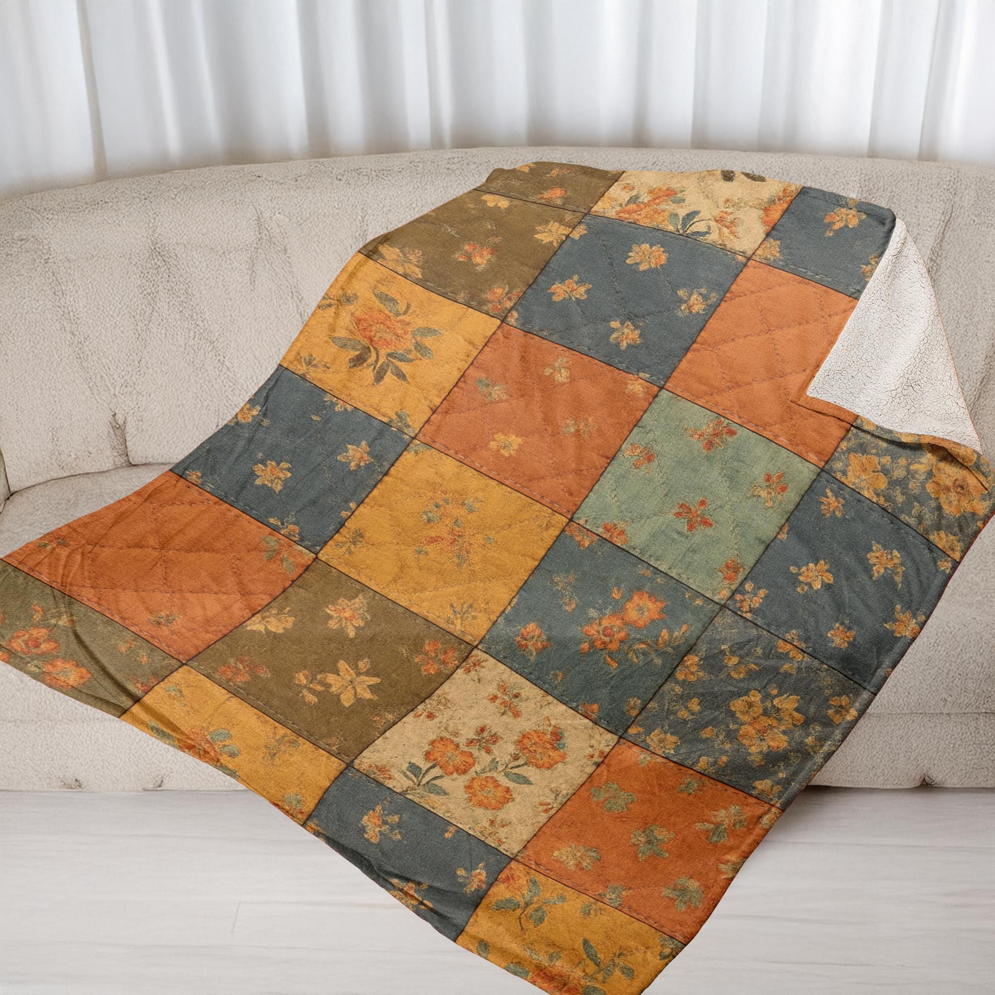 Rustic Floral Patchwork Throw Blanket: Autumn Colors, Cozy Farmhouse Decor