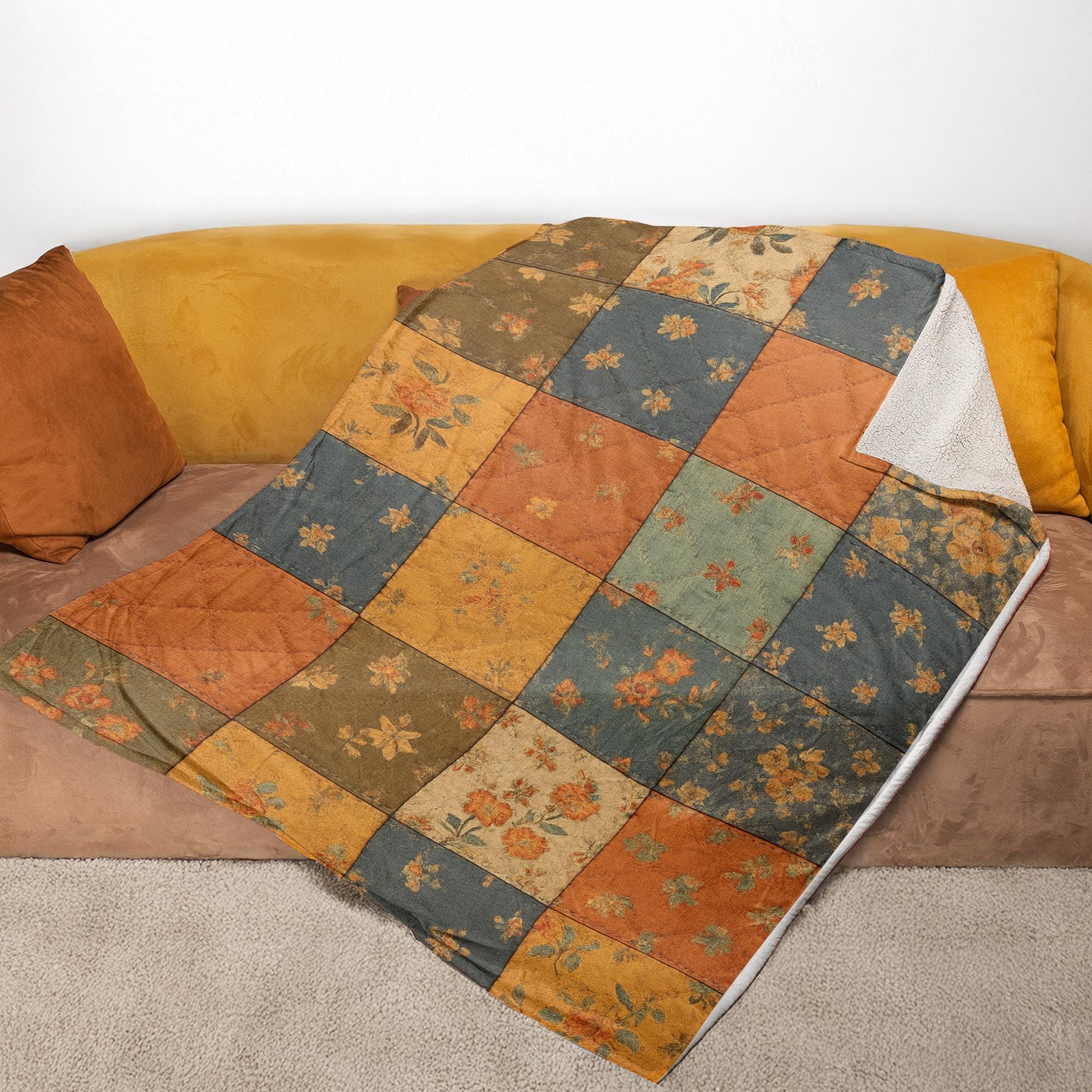 Rustic Floral Patchwork Throw Blanket: Autumn Colors, Cozy Farmhouse Decor