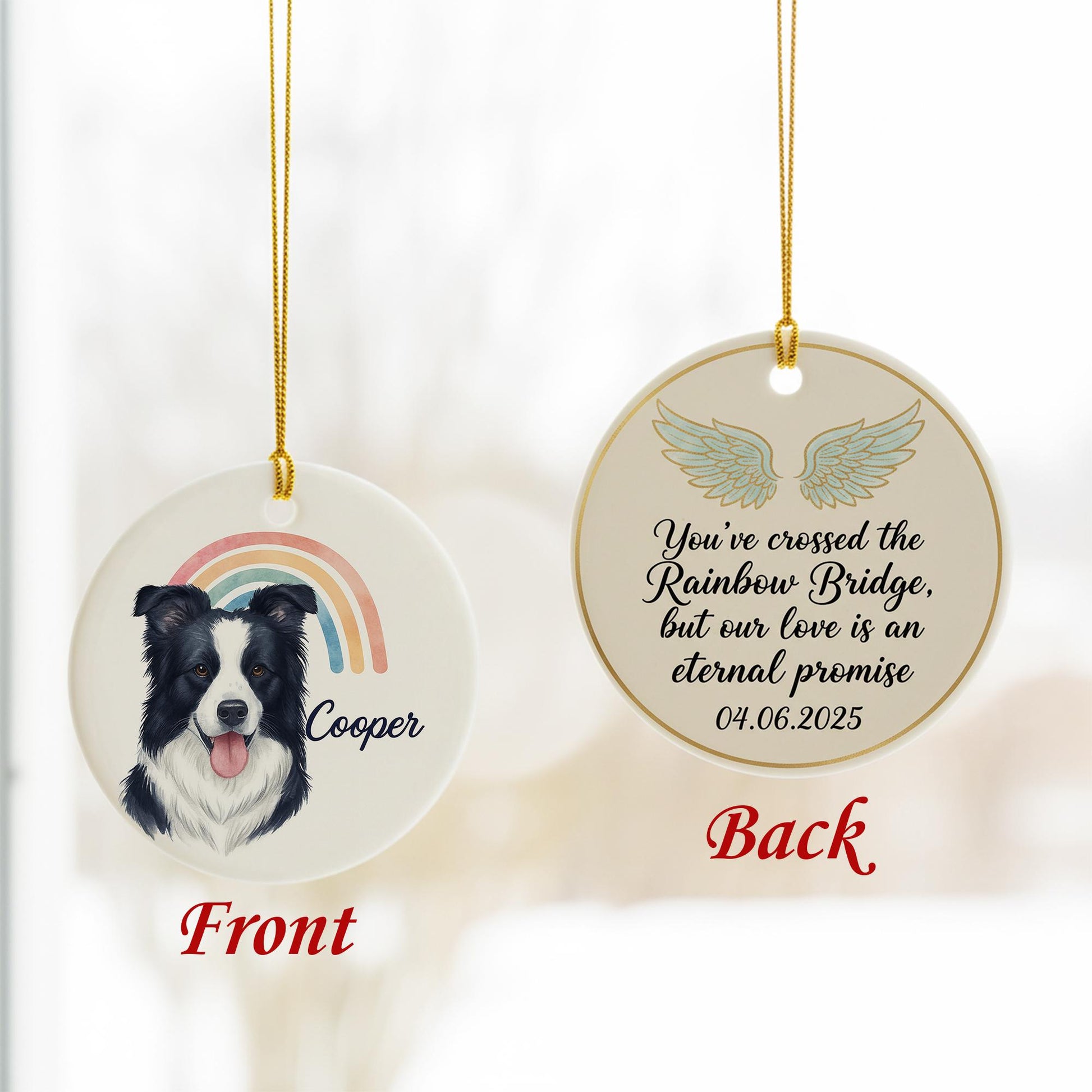 Ceramic Dog Ornament – Pet Memorial with Rainbow and Angel Wings