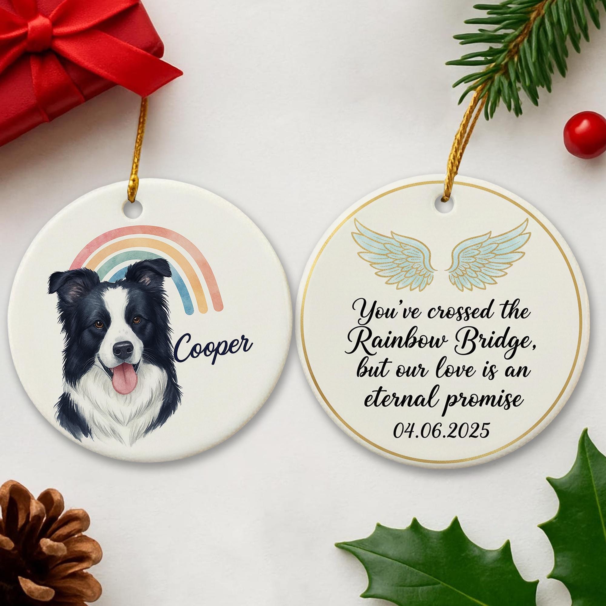 Ceramic Dog Ornament – Pet Memorial with Rainbow and Angel Wings