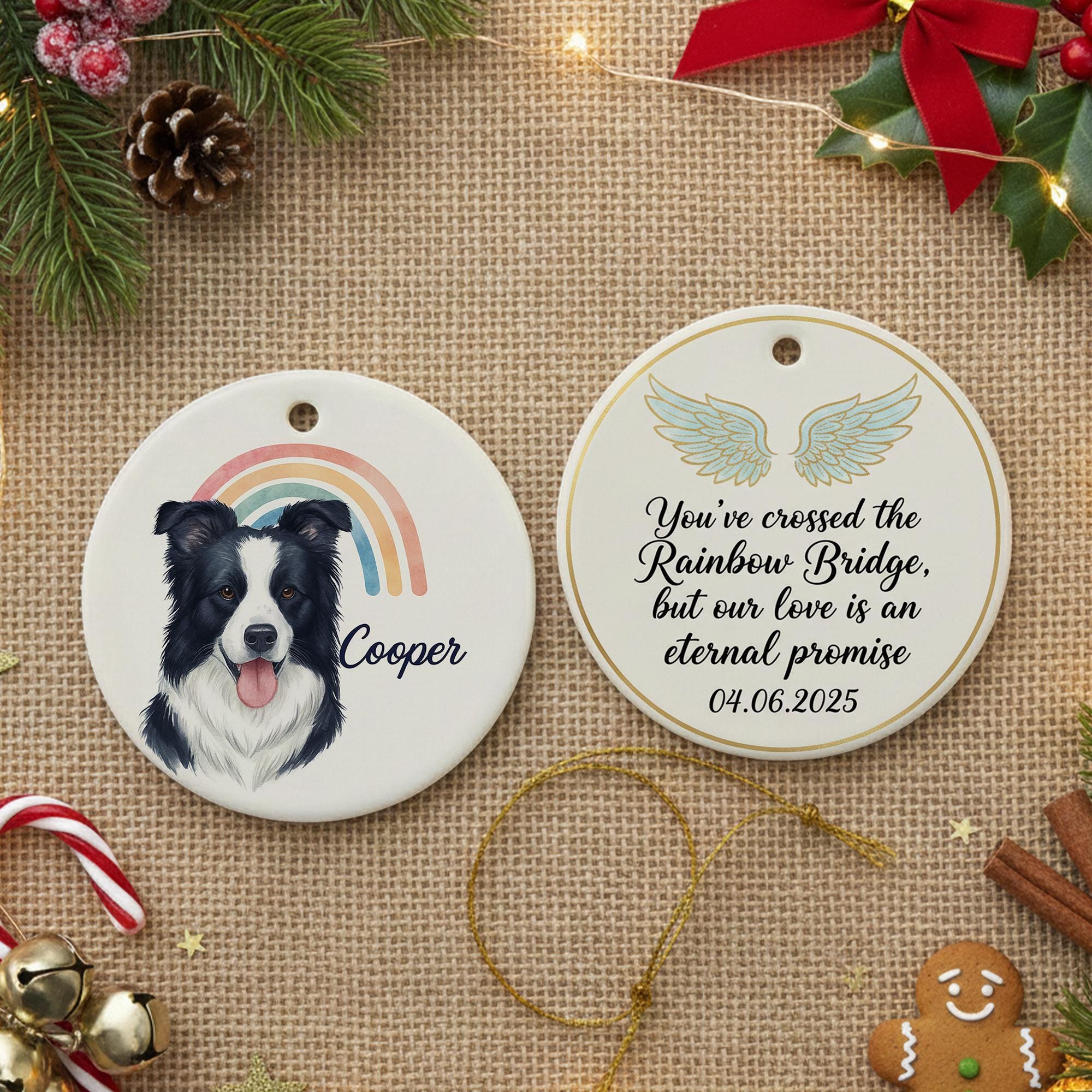 Ceramic Dog Ornament – Pet Memorial with Rainbow and Angel Wings