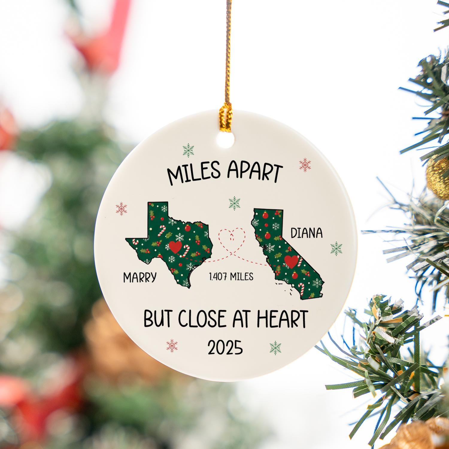 Long Distance Ornament – Custom State Map & Names Gift