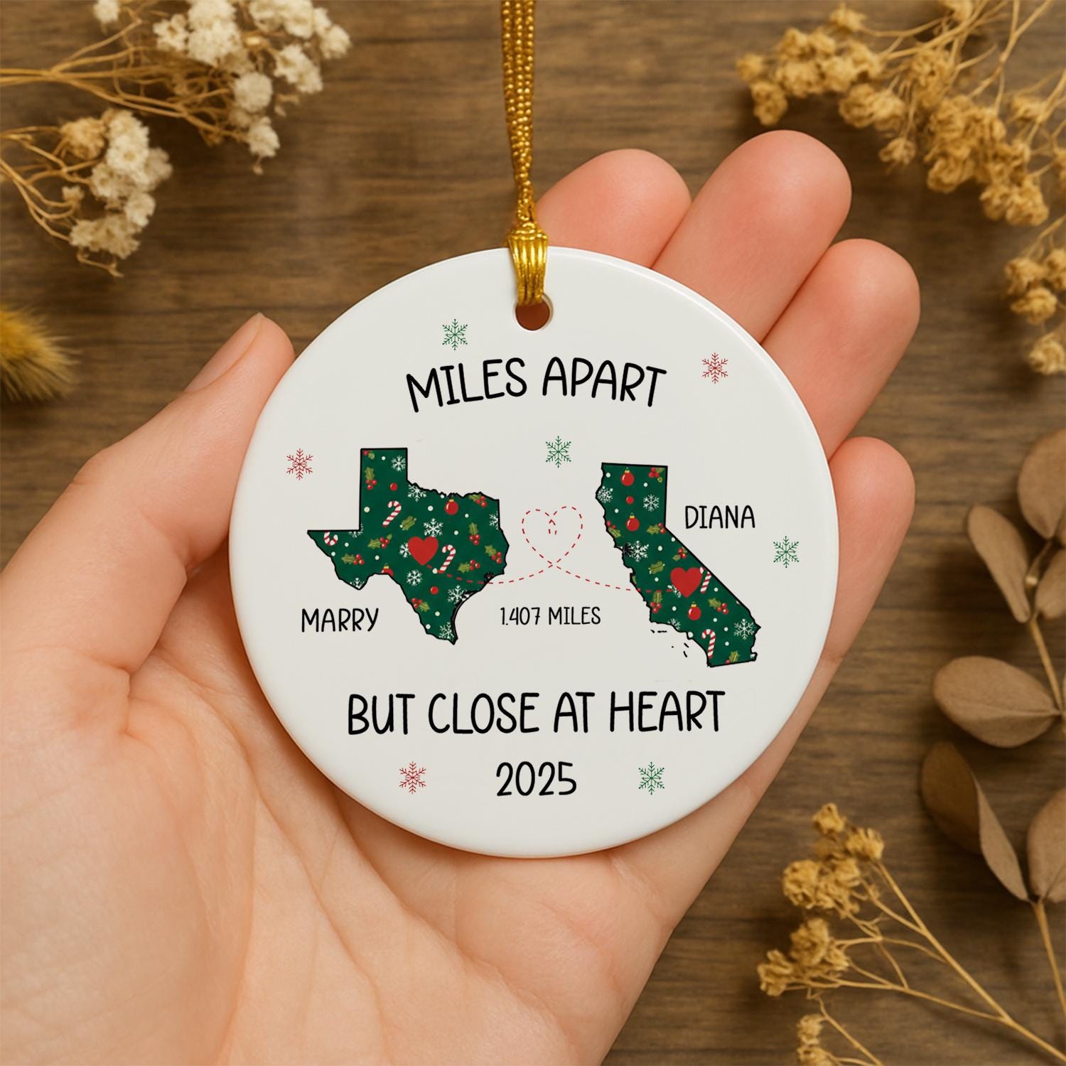 Long Distance Ornament – Custom State Map & Names Gift