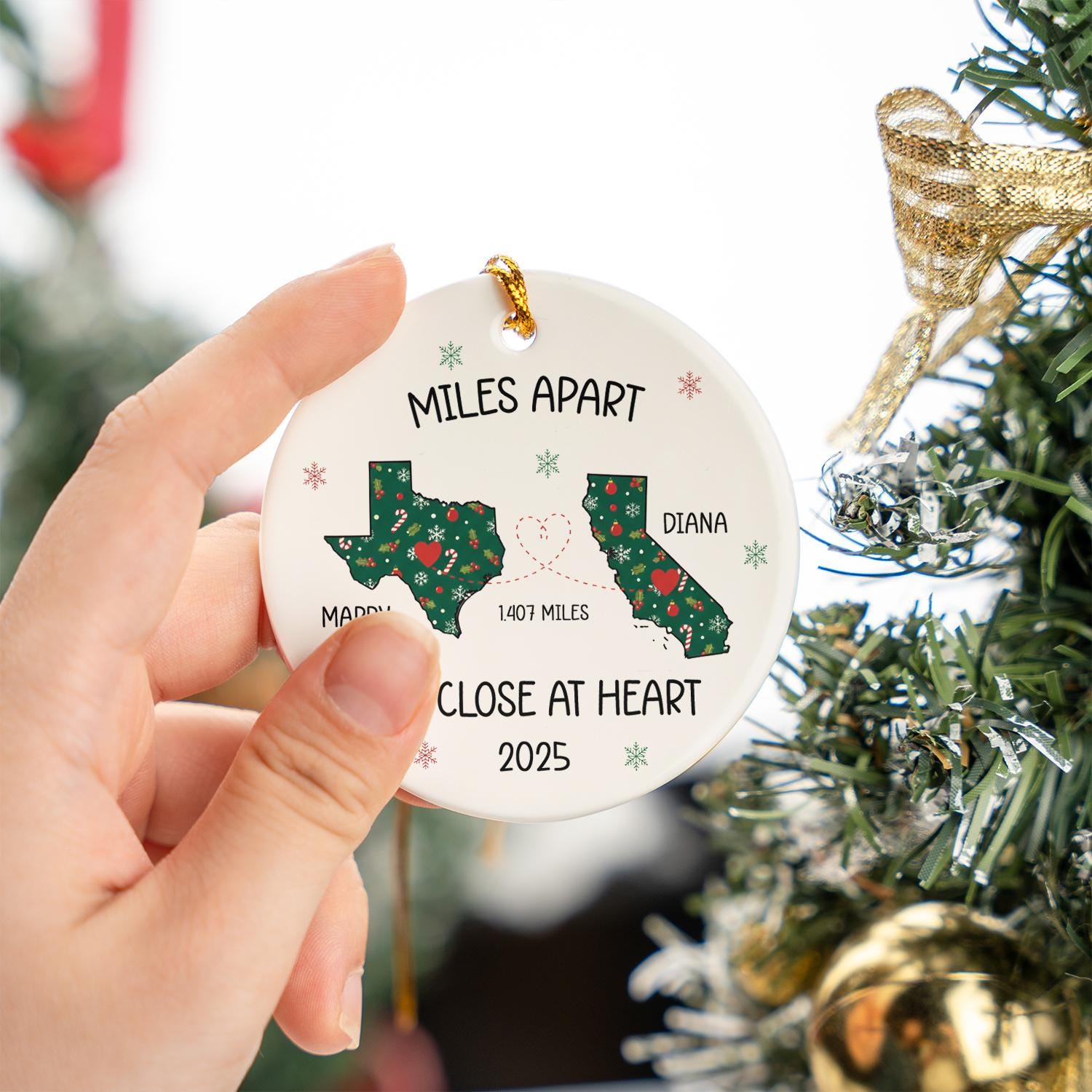 Long Distance Ornament – Custom State Map & Names Gift