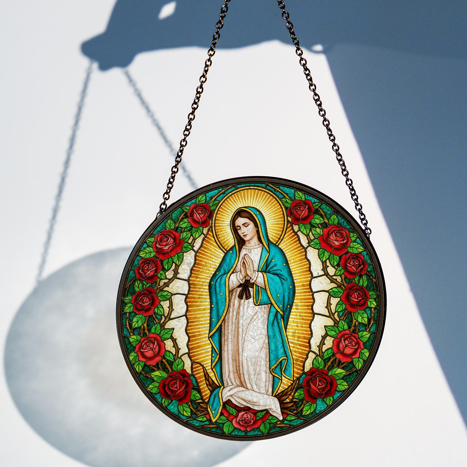 Virgin Mary Stained Glass Suncatcher – Religious Window Hanging with Roses and Halo Design