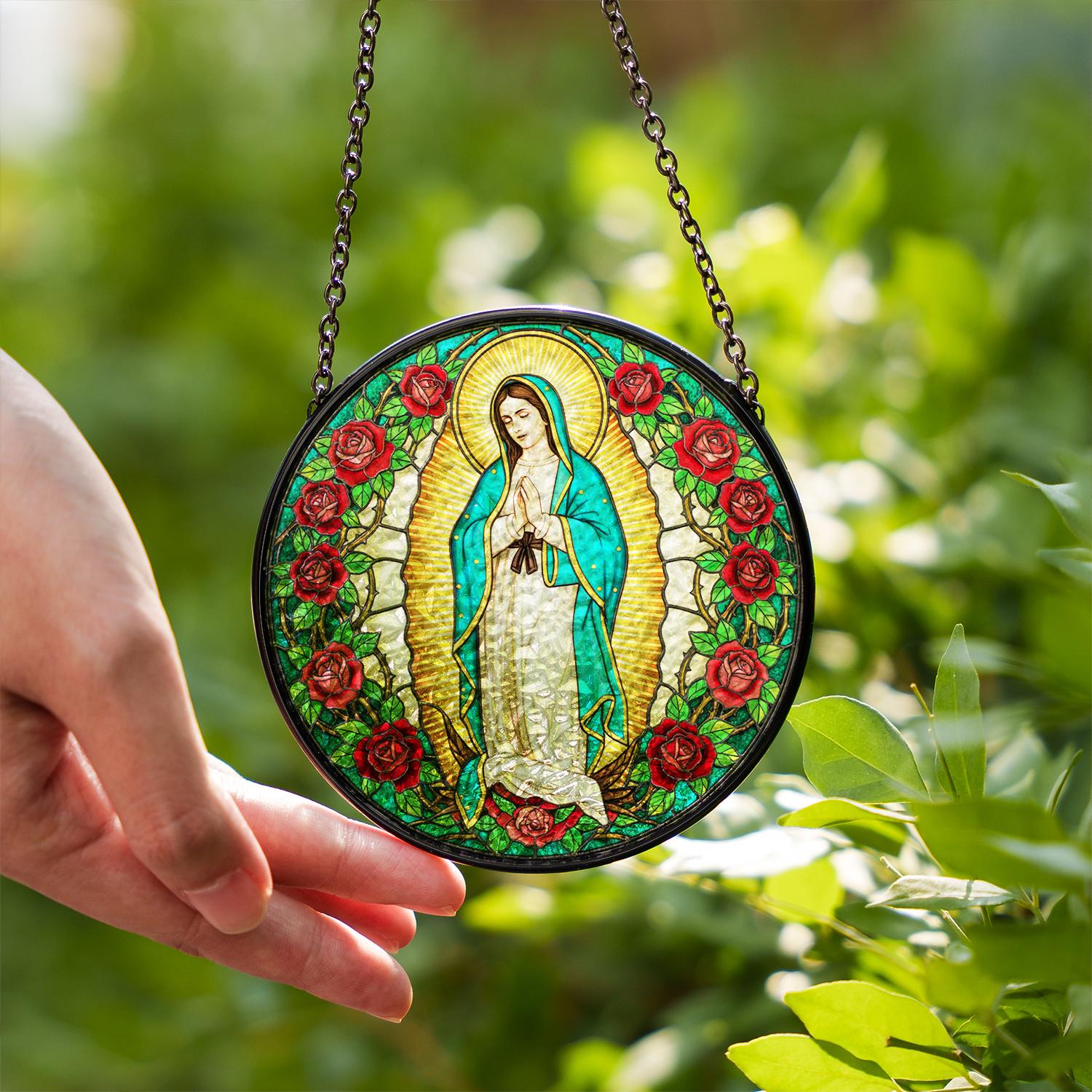 Virgin Mary Stained Glass Suncatcher – Religious Window Hanging with Roses and Halo Design