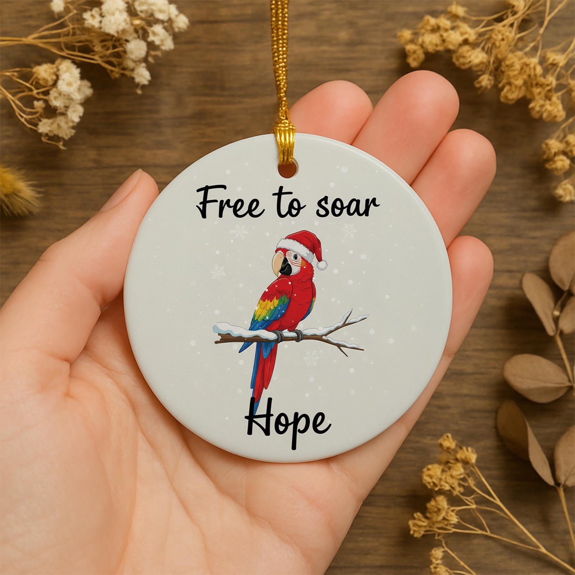 Ceramic Parrot Ornament – Pet Memorial with Santa Hat and Snowflakes