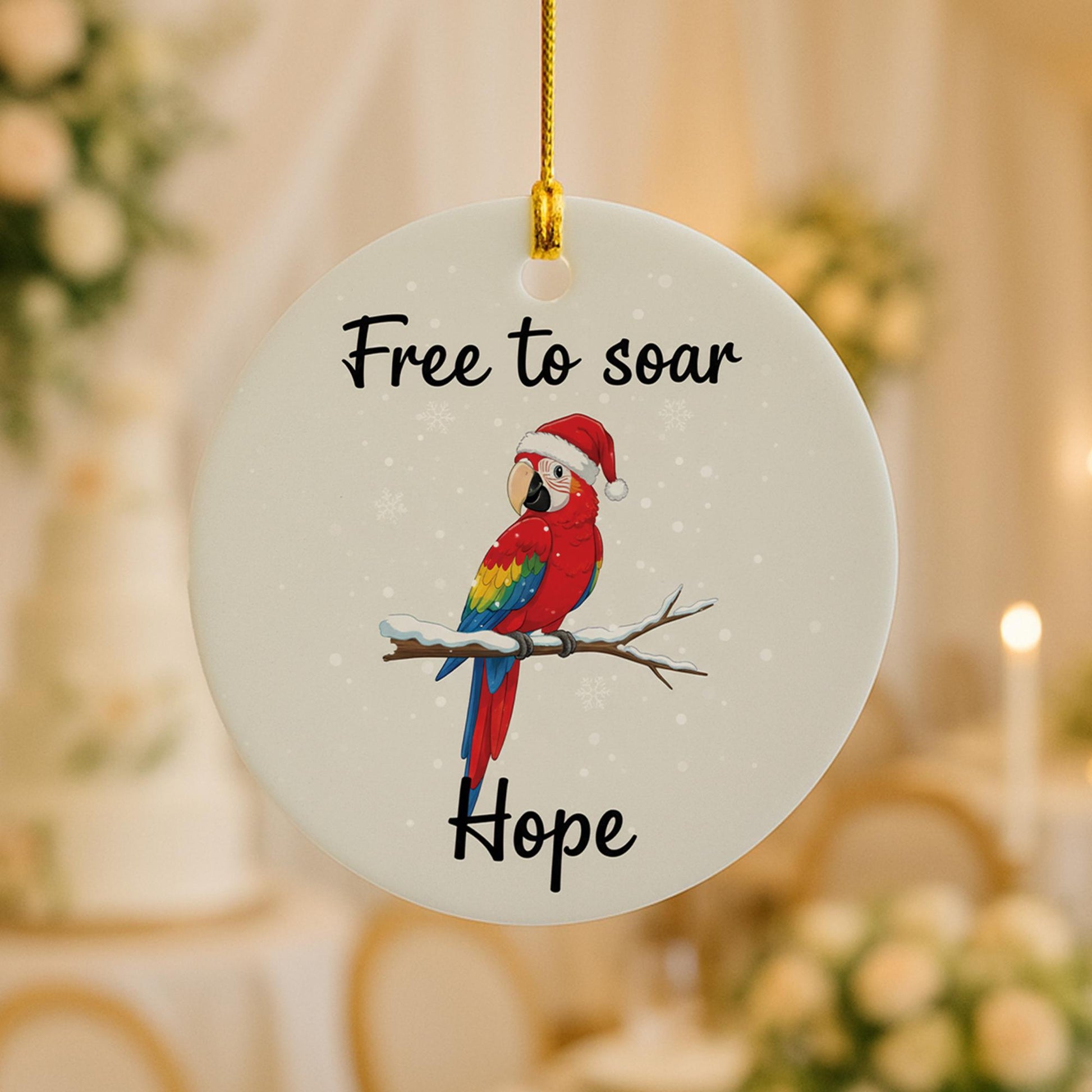 Ceramic Parrot Ornament – Pet Memorial with Santa Hat and Snowflakes