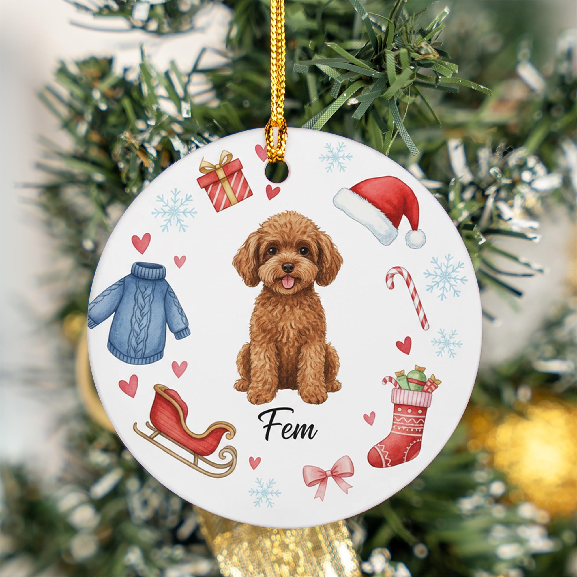 Ceramic Dog Ornament – Custom Pet Portrait with Christmas Icons