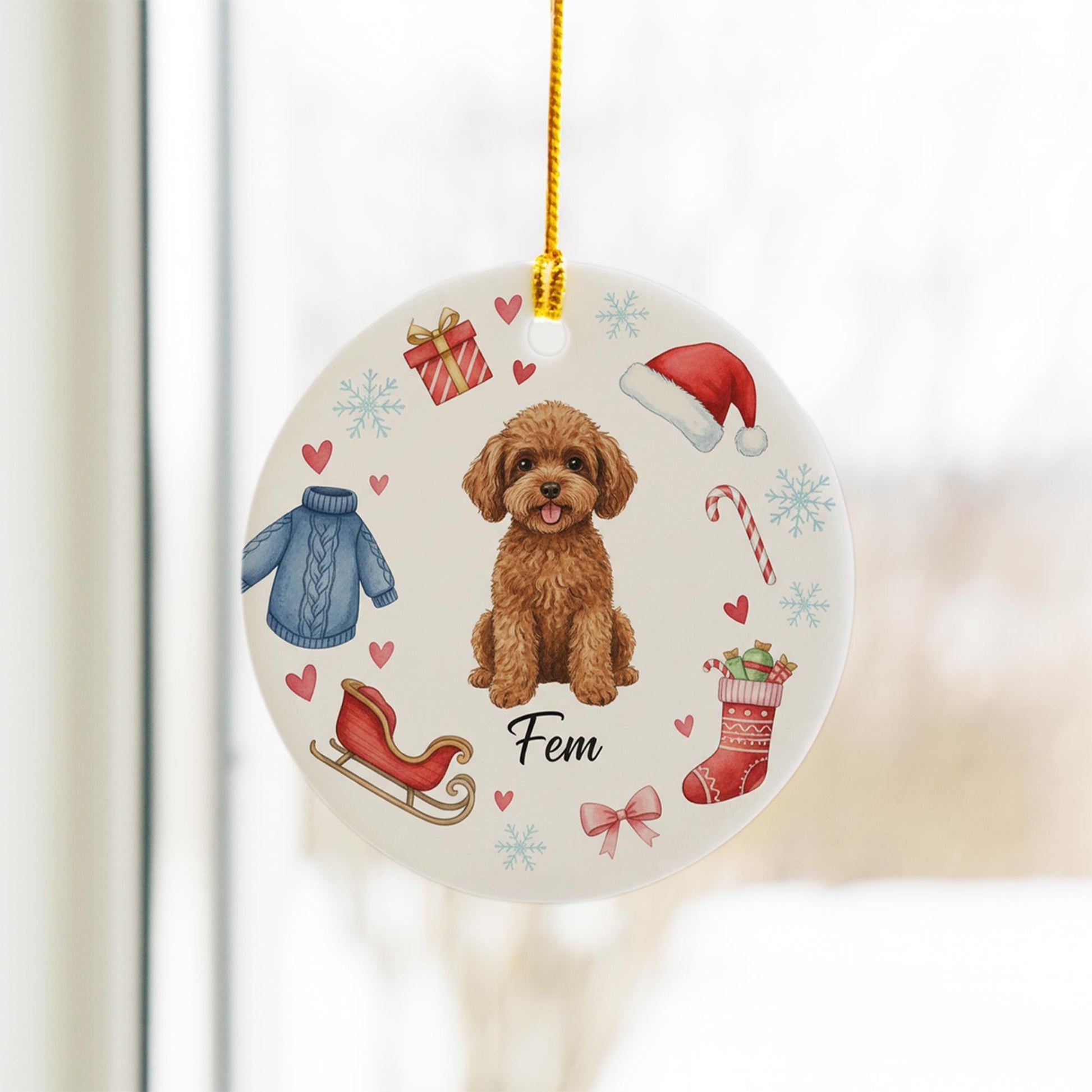 Ceramic Dog Ornament – Custom Pet Portrait with Christmas Icons