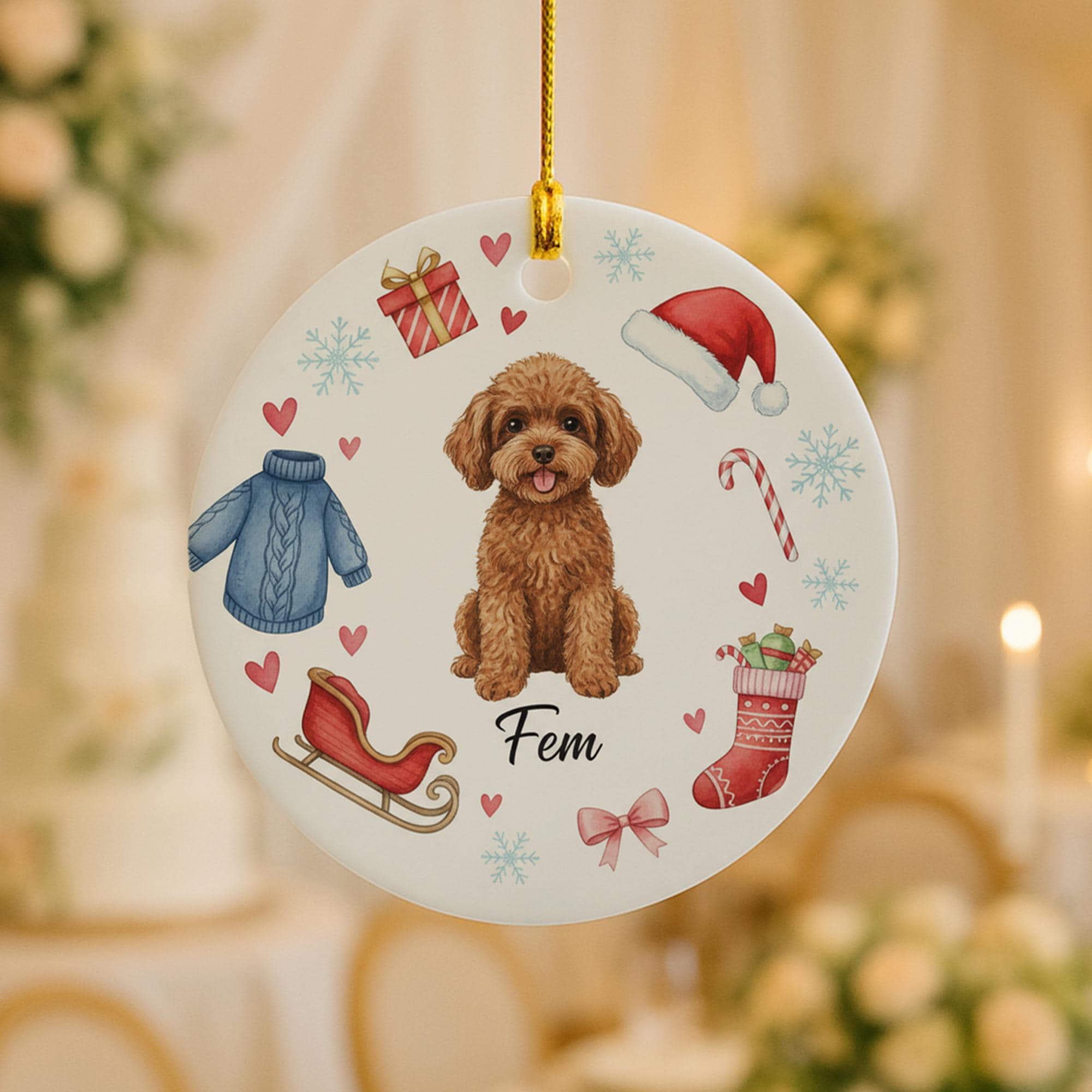 Ceramic Dog Ornament – Custom Pet Portrait with Christmas Icons