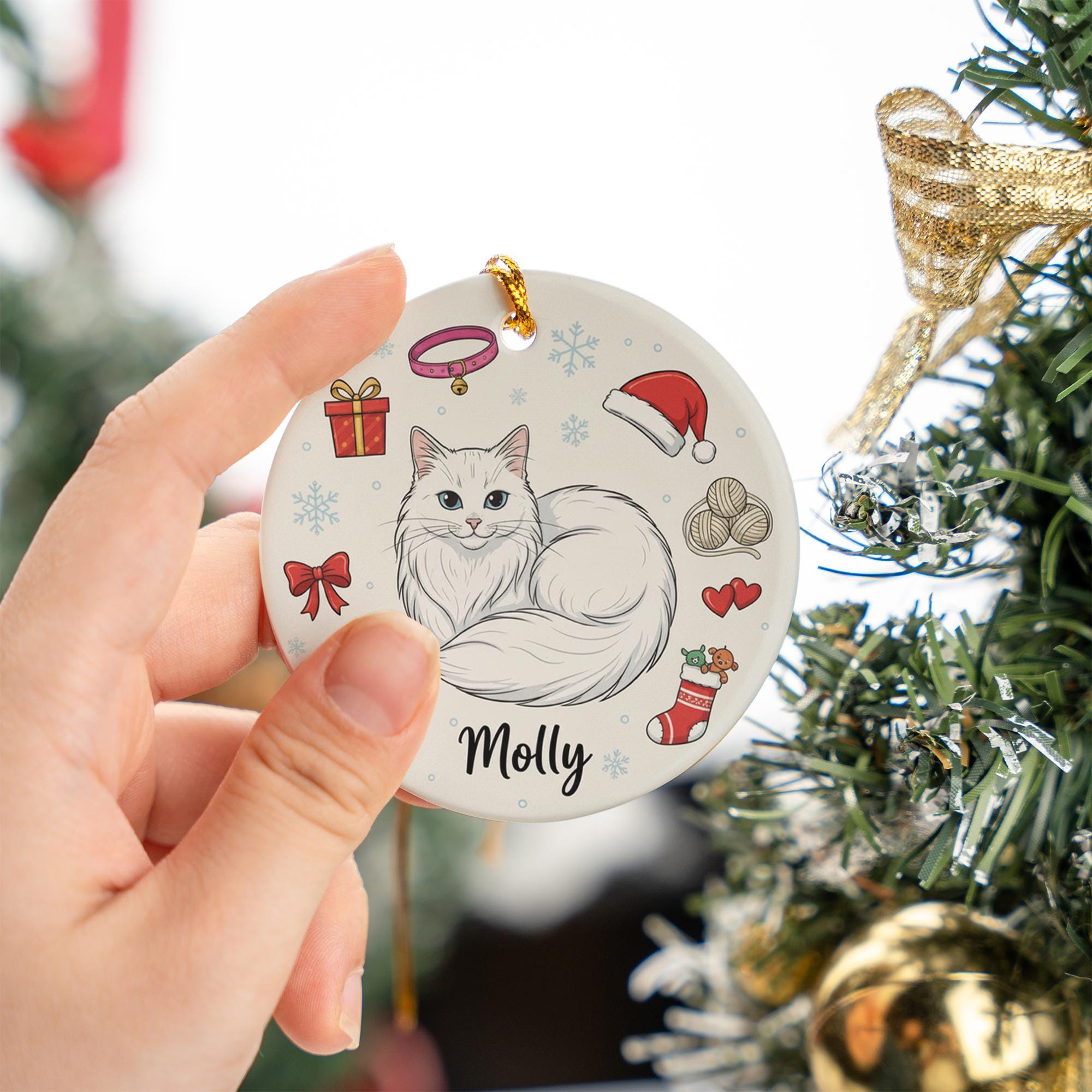 Ceramic Cat Ornament – Custom Pet Portrait with Christmas Icons