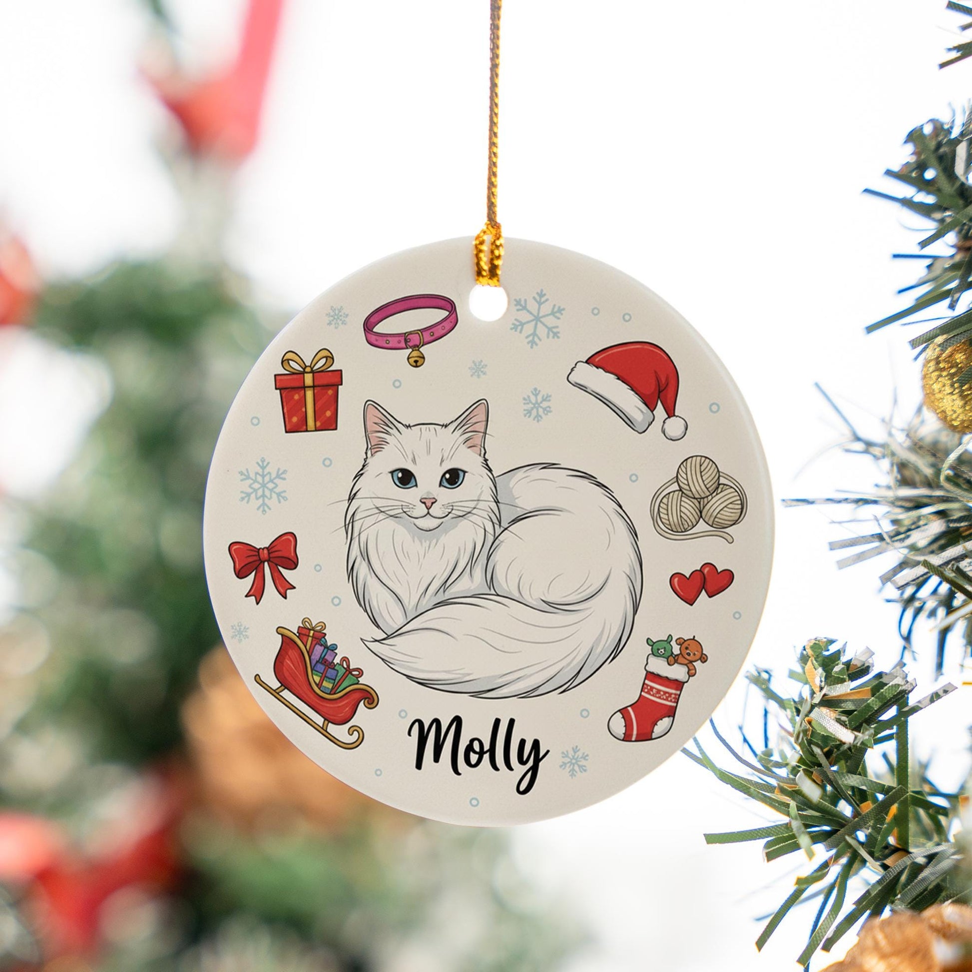Ceramic Cat Ornament – Custom Pet Portrait with Christmas Icons
