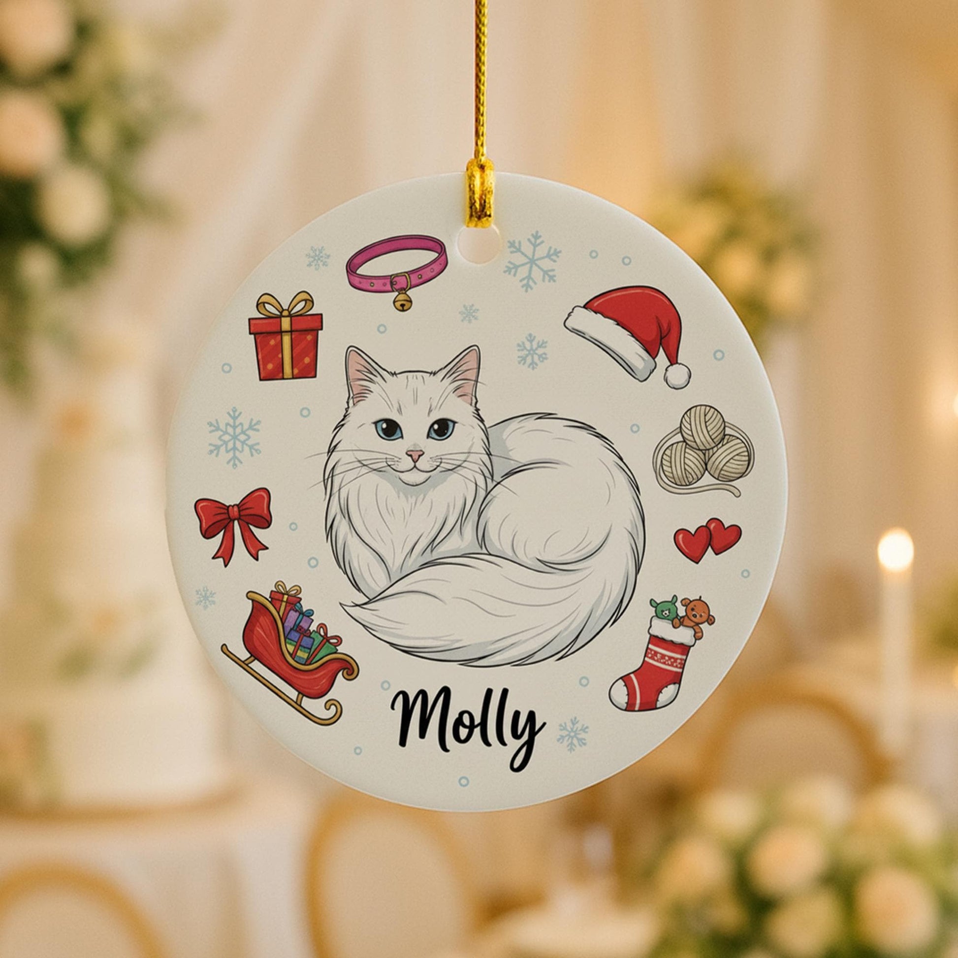 Ceramic Cat Ornament – Custom Pet Portrait with Christmas Icons