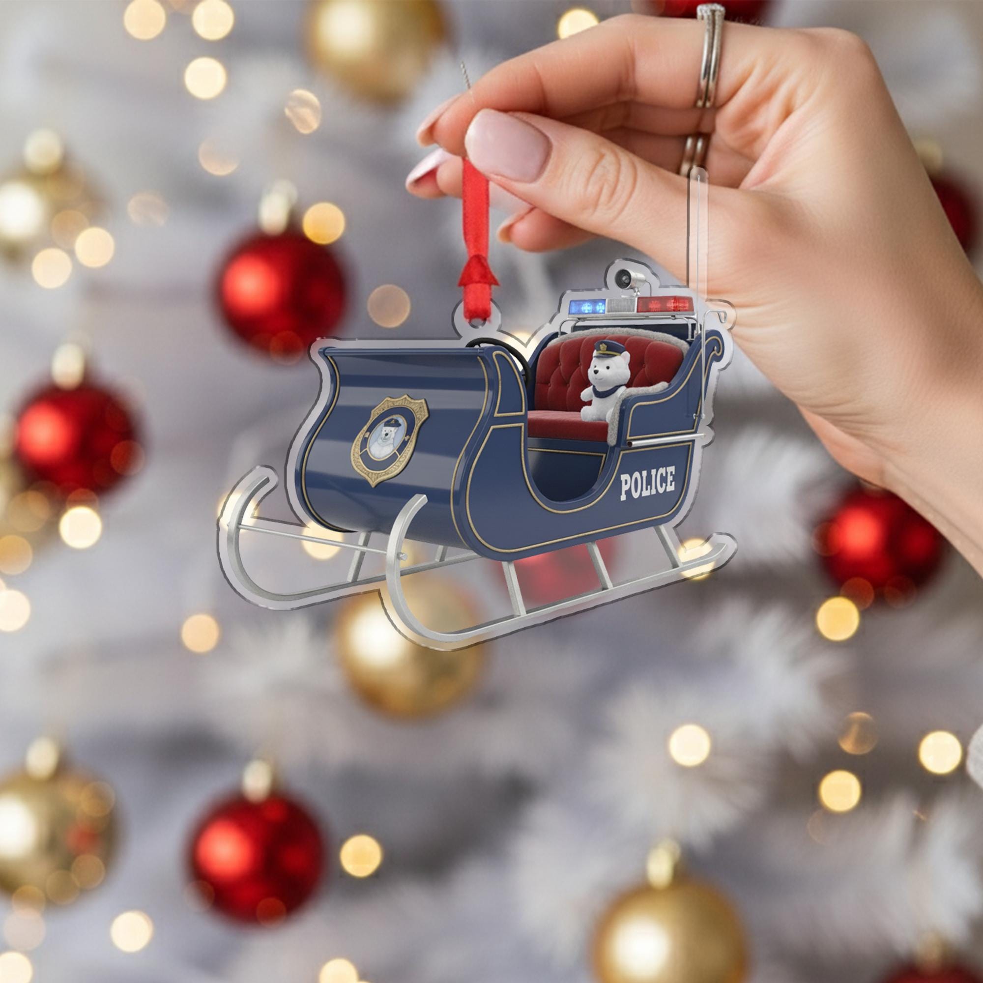Police Sleigh Ornament with Bear – Blue Metal Sled Hanging Decor