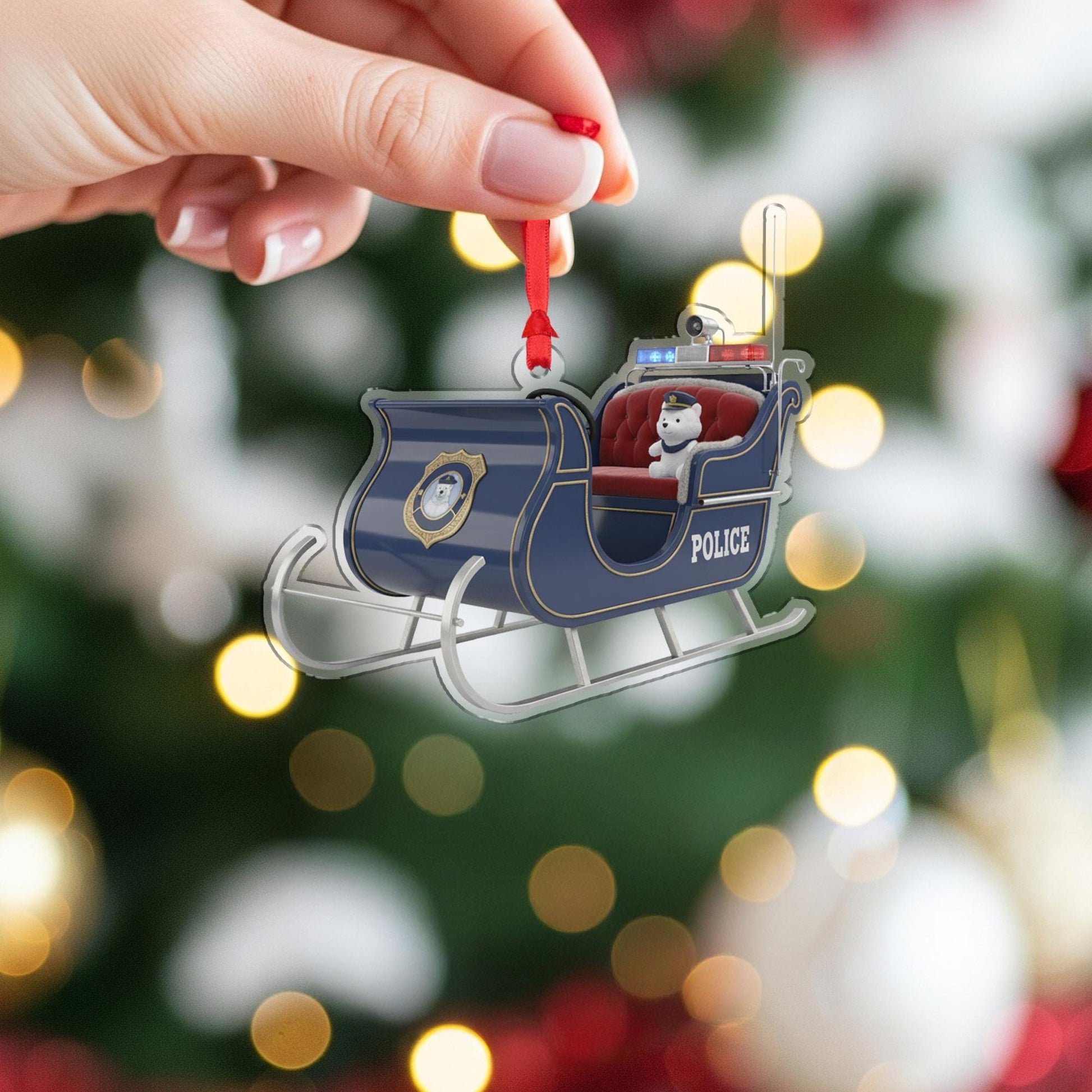 Police Sleigh Ornament with Bear – Blue Metal Sled Hanging Decor