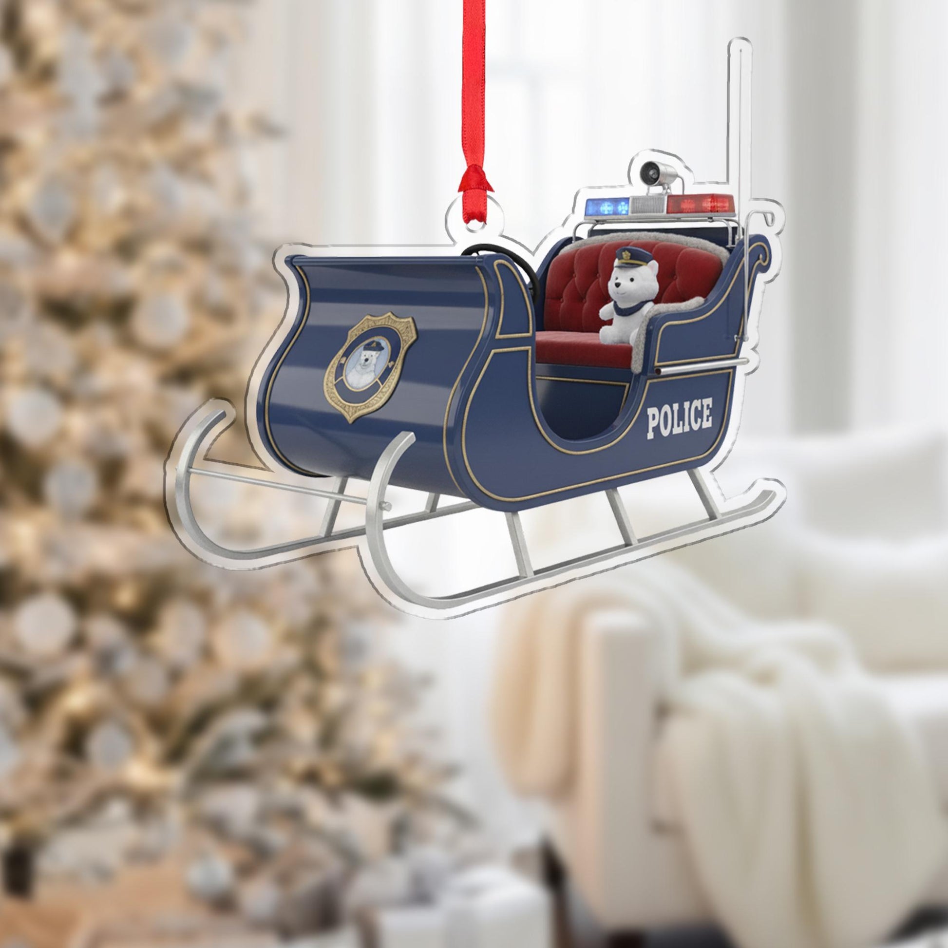 Police Sleigh Ornament with Bear – Blue Metal Sled Hanging Decor