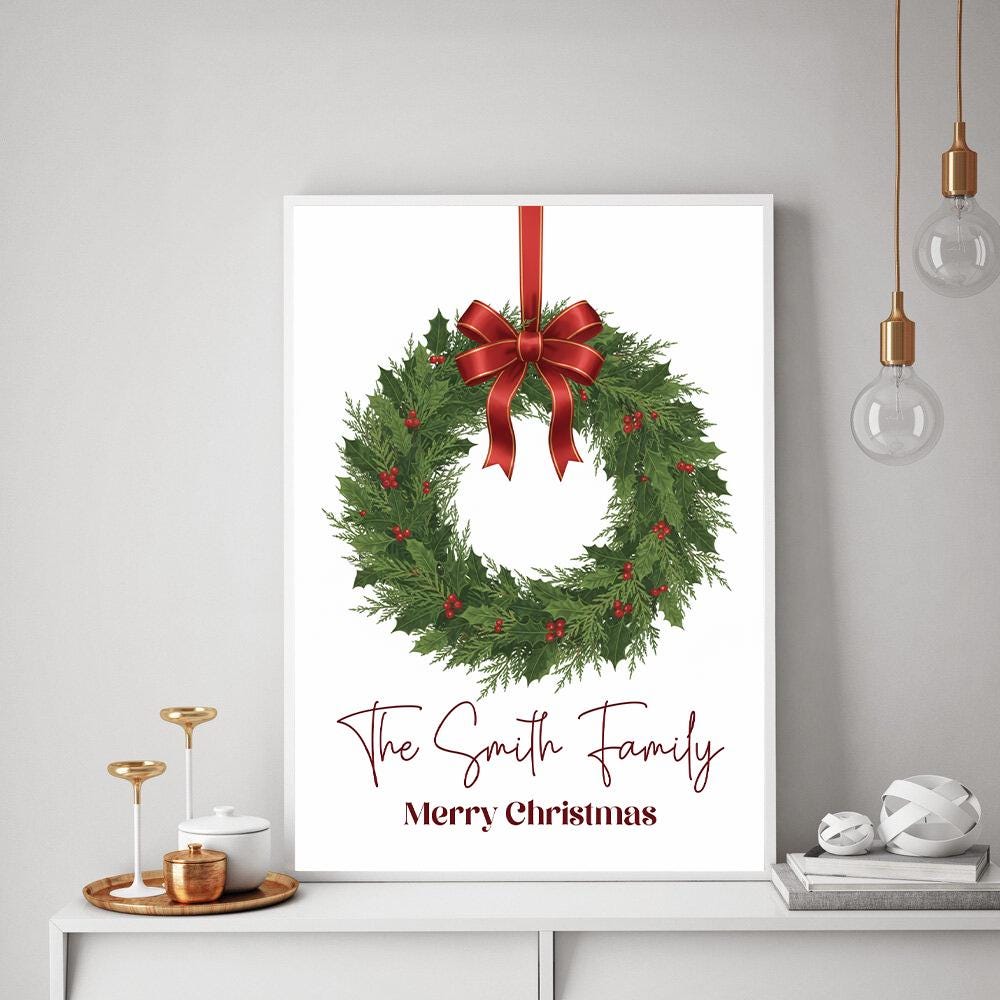 Personalized Christmas Poster – Family Name Wall Art with Wreath Design