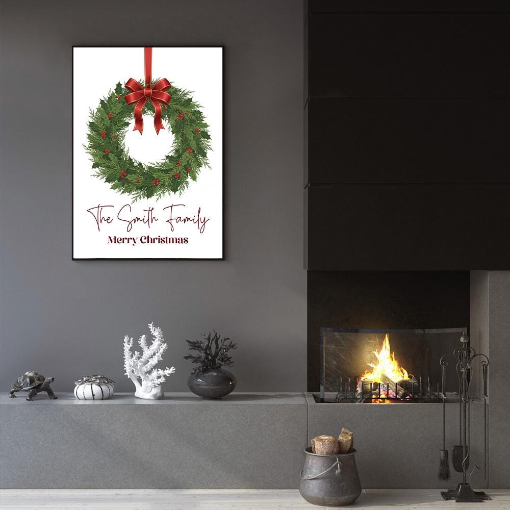 Personalized Christmas Poster – Family Name Wall Art with Wreath Design