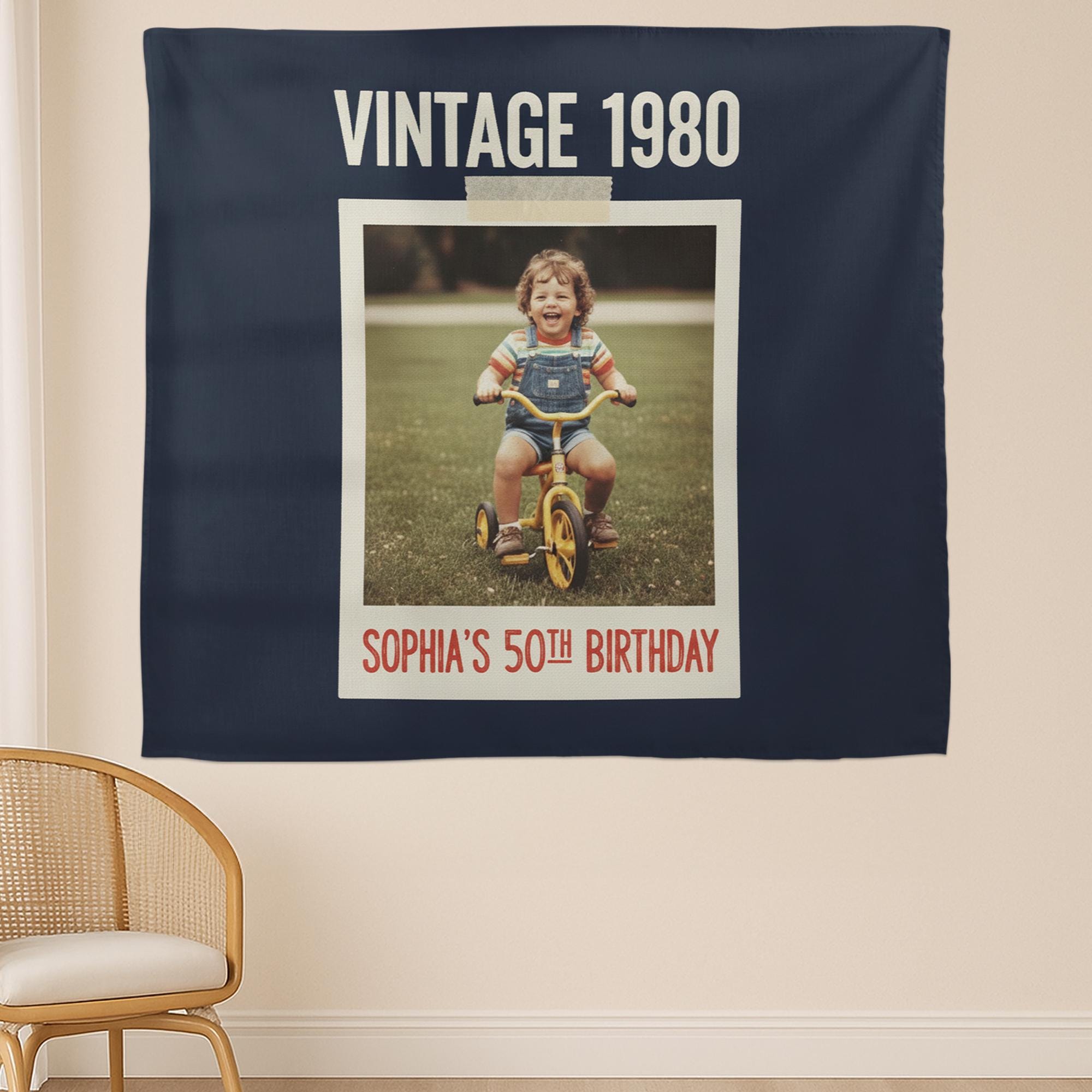 Custom Vintage Birthday Tapestry – Retro Year & Photo Gift