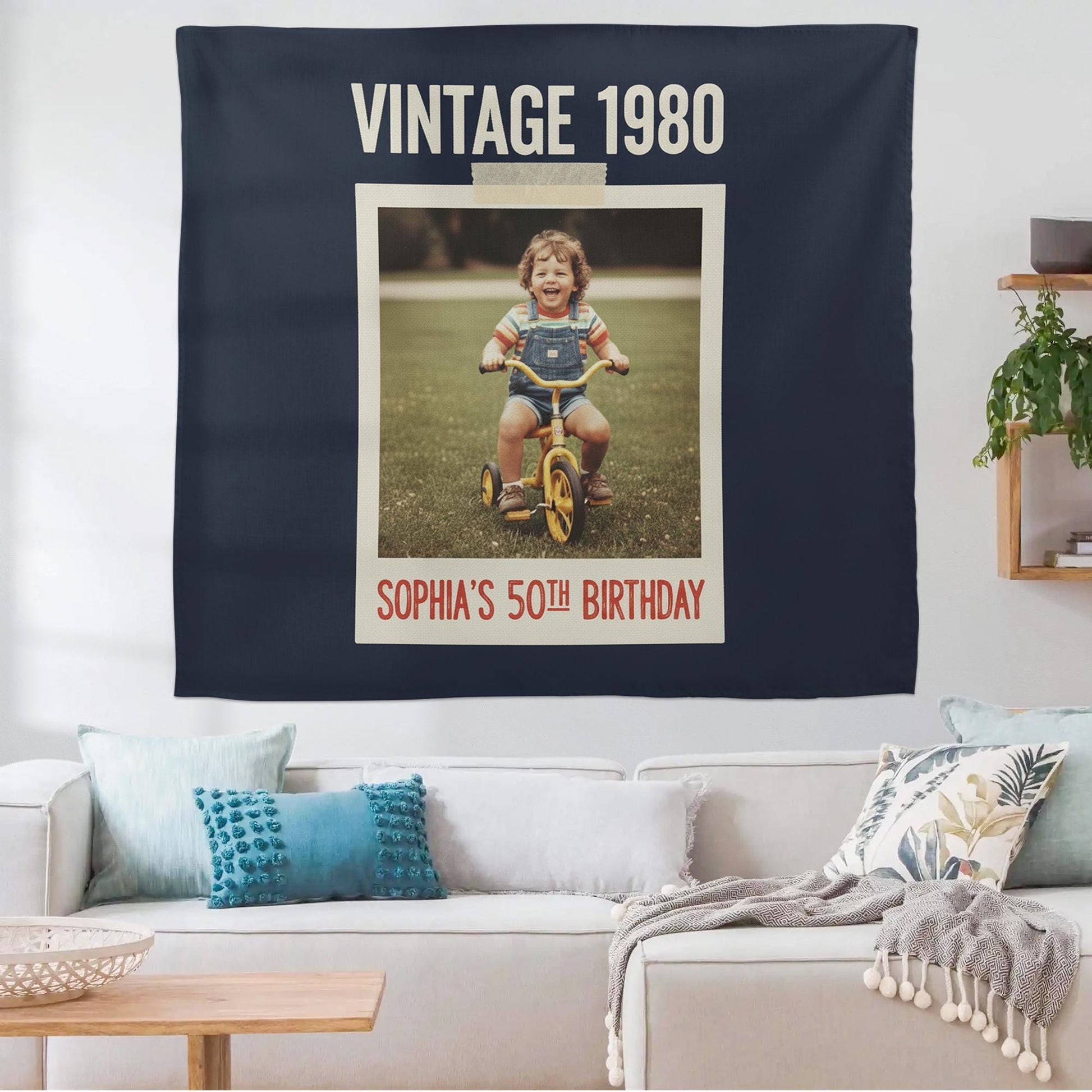 Custom Vintage Birthday Tapestry – Retro Year & Photo Gift