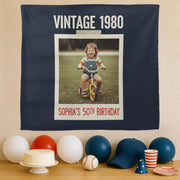 Custom Vintage Birthday Tapestry – Retro Year & Photo Gift