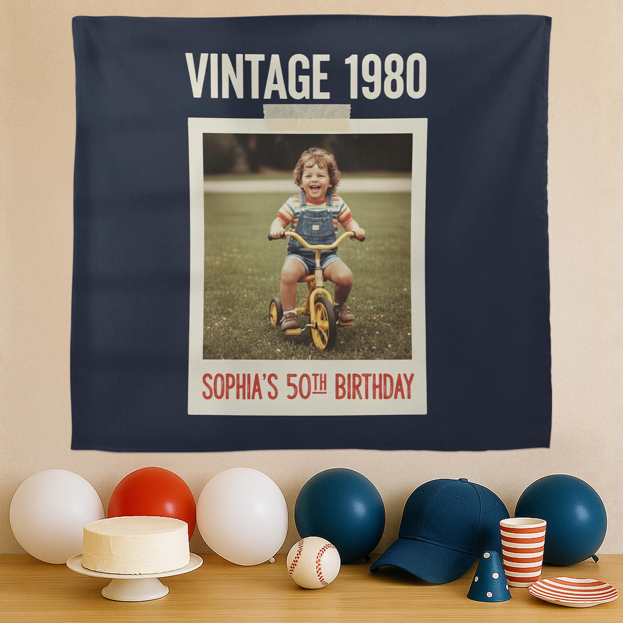 Custom Vintage Birthday Tapestry – Retro Year & Photo Gift