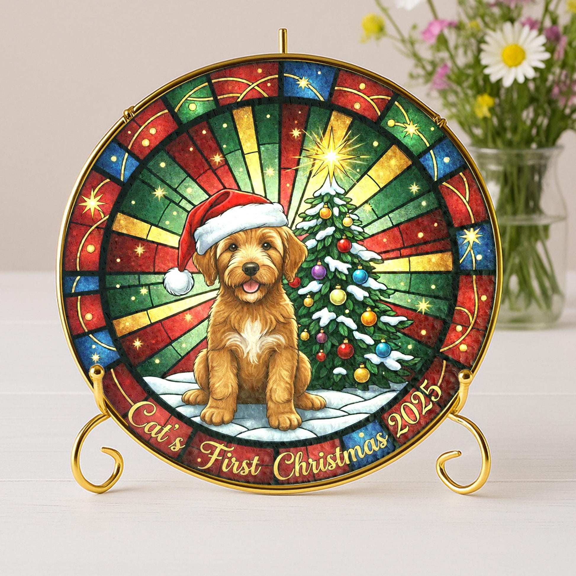 Dog First Christmas Plate, Personalized Name & Year, Santa Hat Puppy, Stained-Glass Style Display