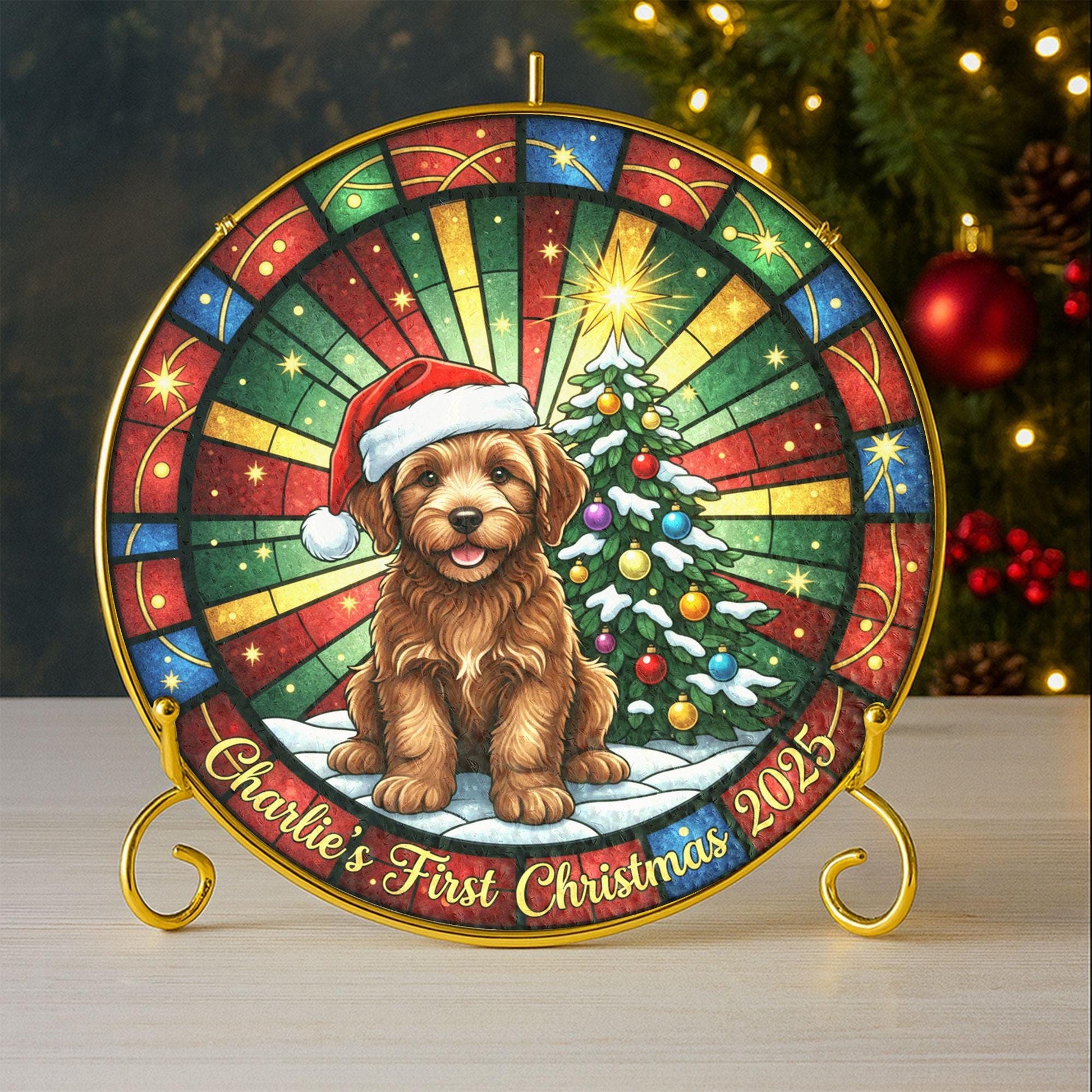 Dog First Christmas Plate, Personalized Name & Year, Santa Hat Puppy, Stained-Glass Style Display