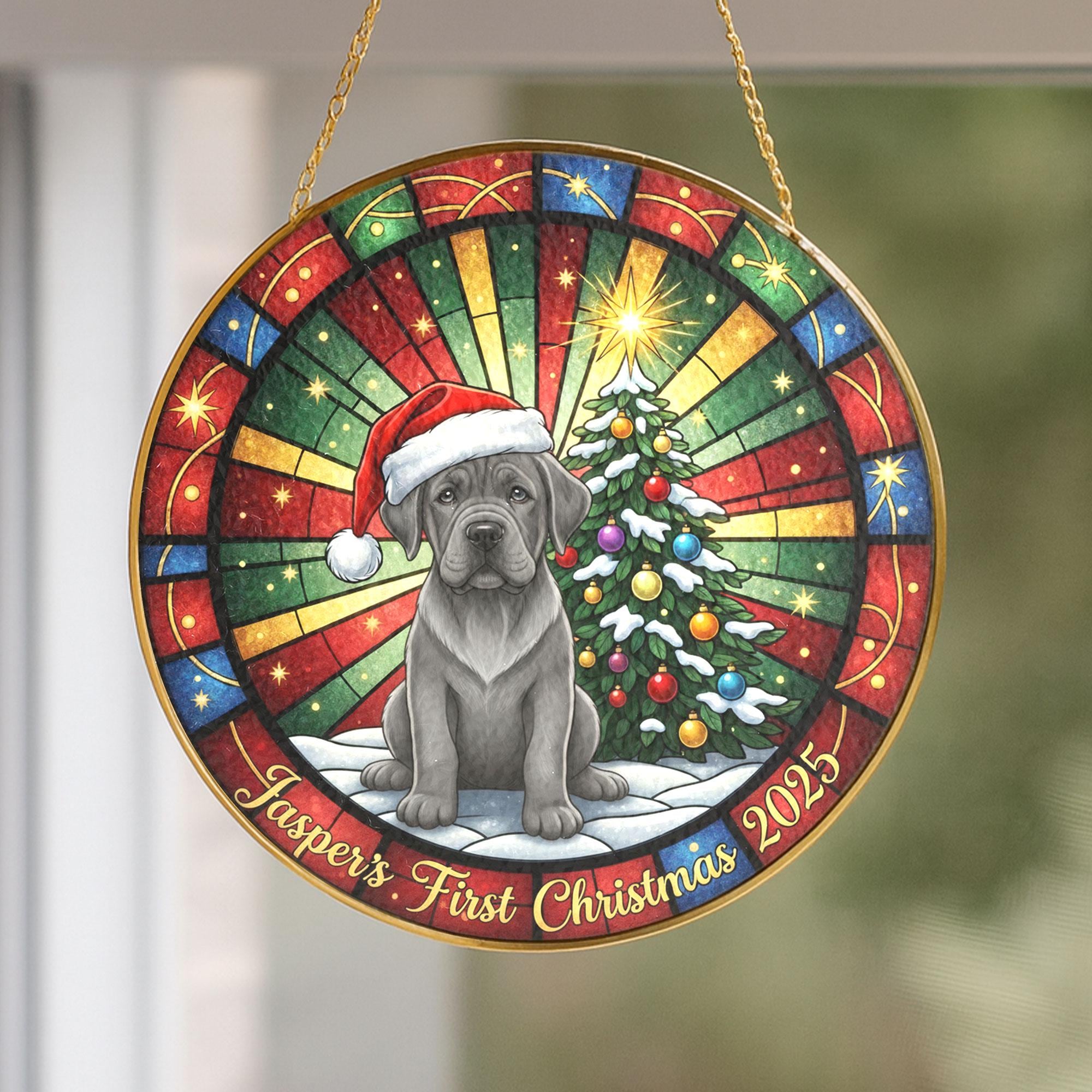 Dog First Christmas Plate, Personalized Name & Year, Santa Hat Puppy, Stained-Glass Style Display