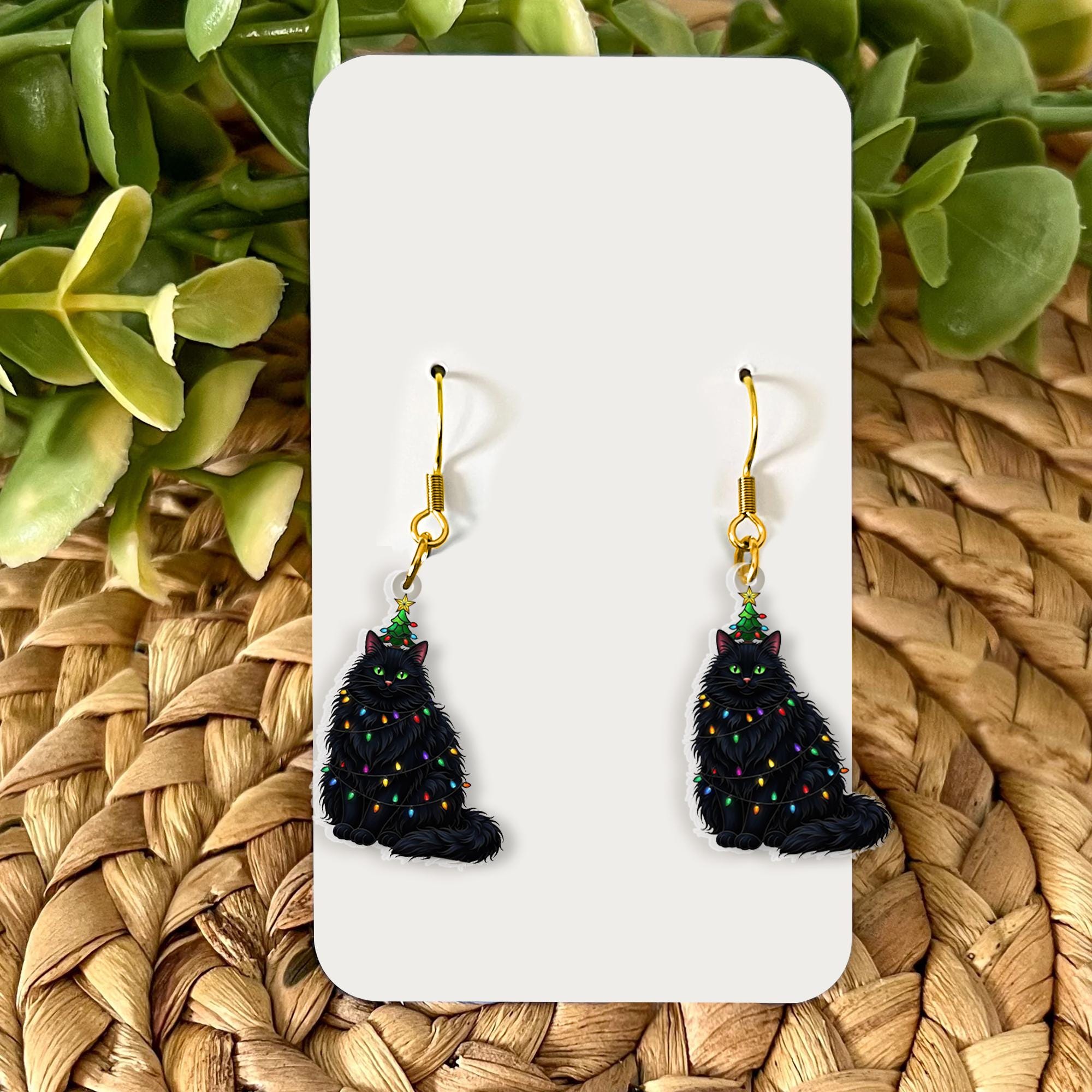 Black Cat Christmas Earrings – Festive Holiday Cat Jewelry with Lights
