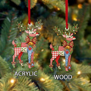 Patchwork Reindeer Christmas Tree Ornament with Bow and Antler Pine Details