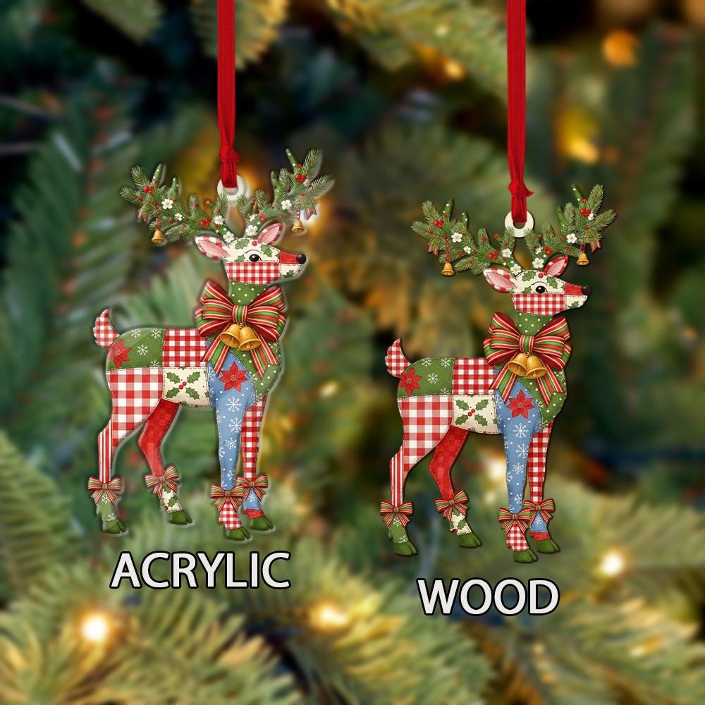Patchwork Reindeer Christmas Tree Ornament with Bow and Antler Pine Details