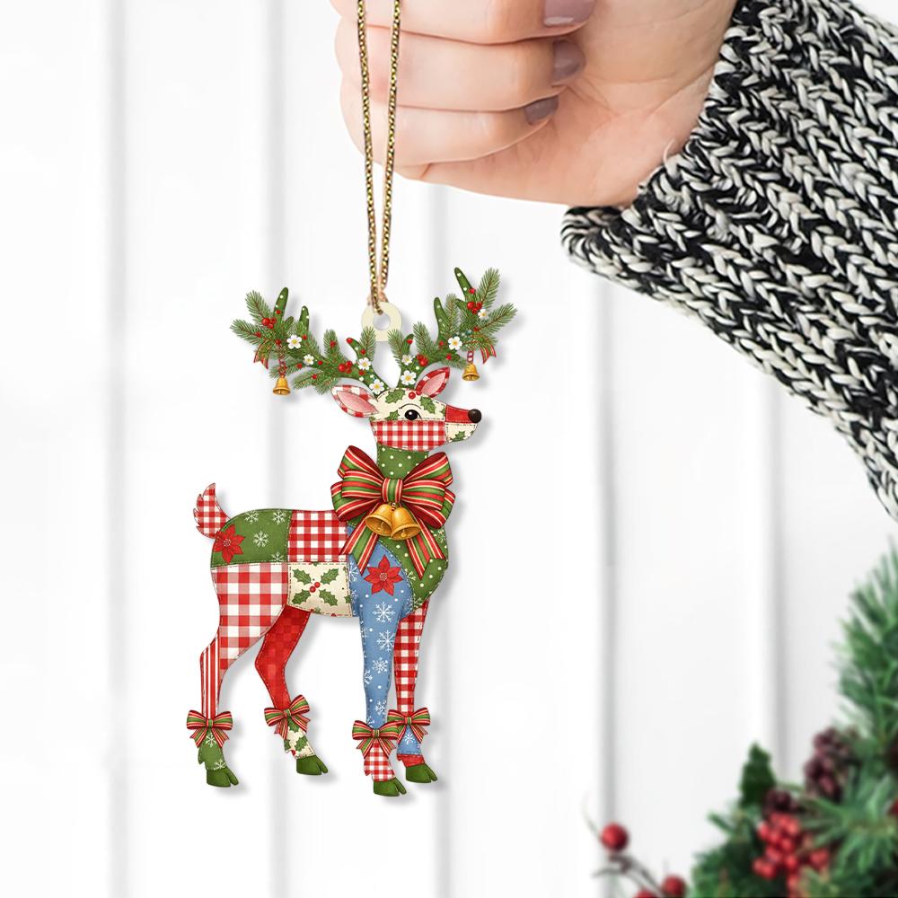 Patchwork Reindeer Christmas Tree Ornament with Bow and Antler Pine Details