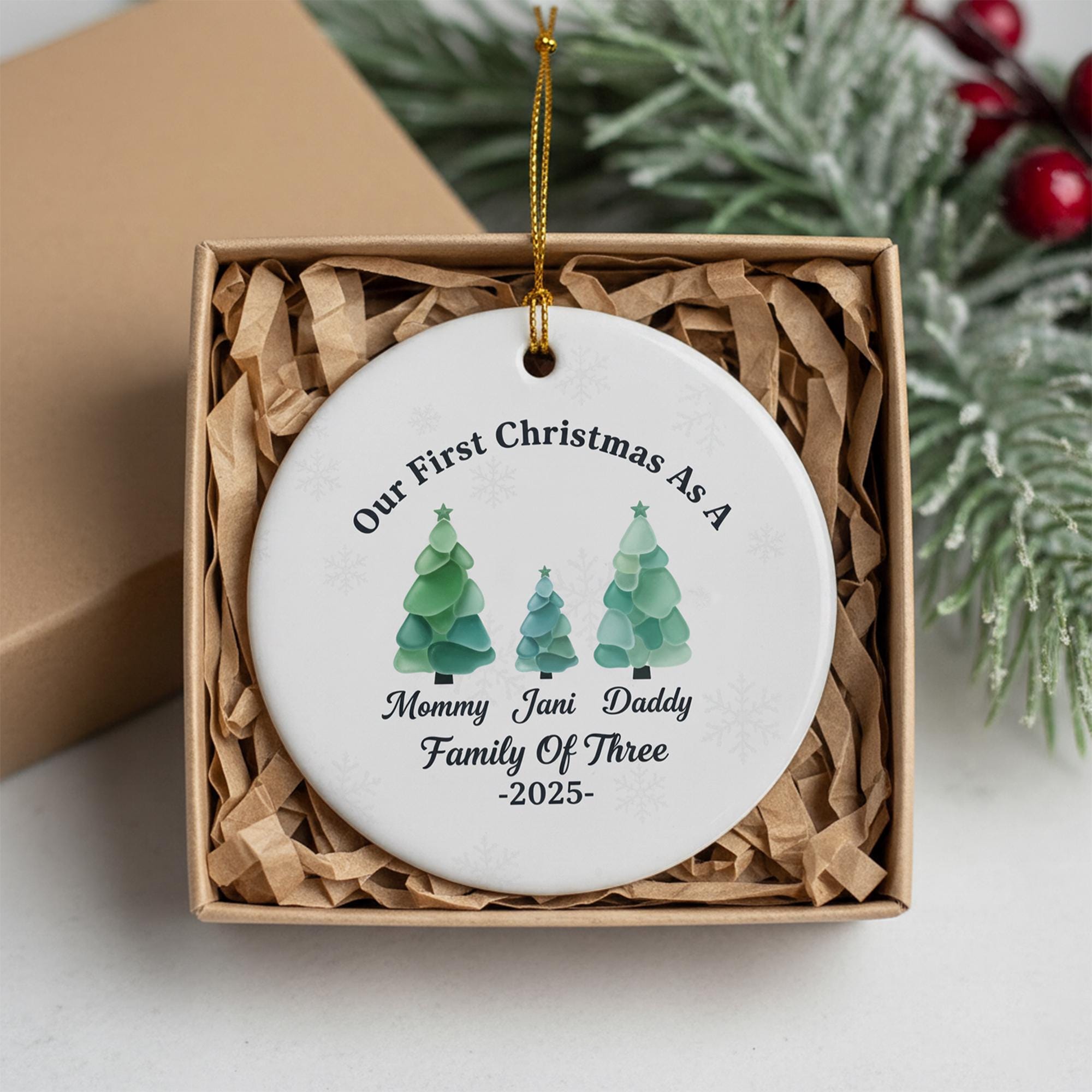 Personalized Family Christmas Ornament: Sea Glass Pine Tree, Ceramic 2025 Keepsake