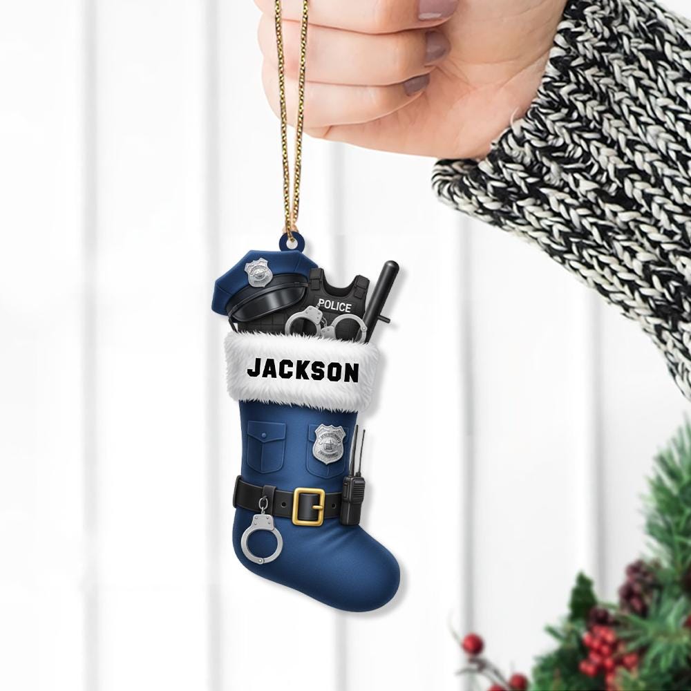 Custom Police Officer Christmas Stocking Ornament – Personalized Law Enforcement Holiday Decoration