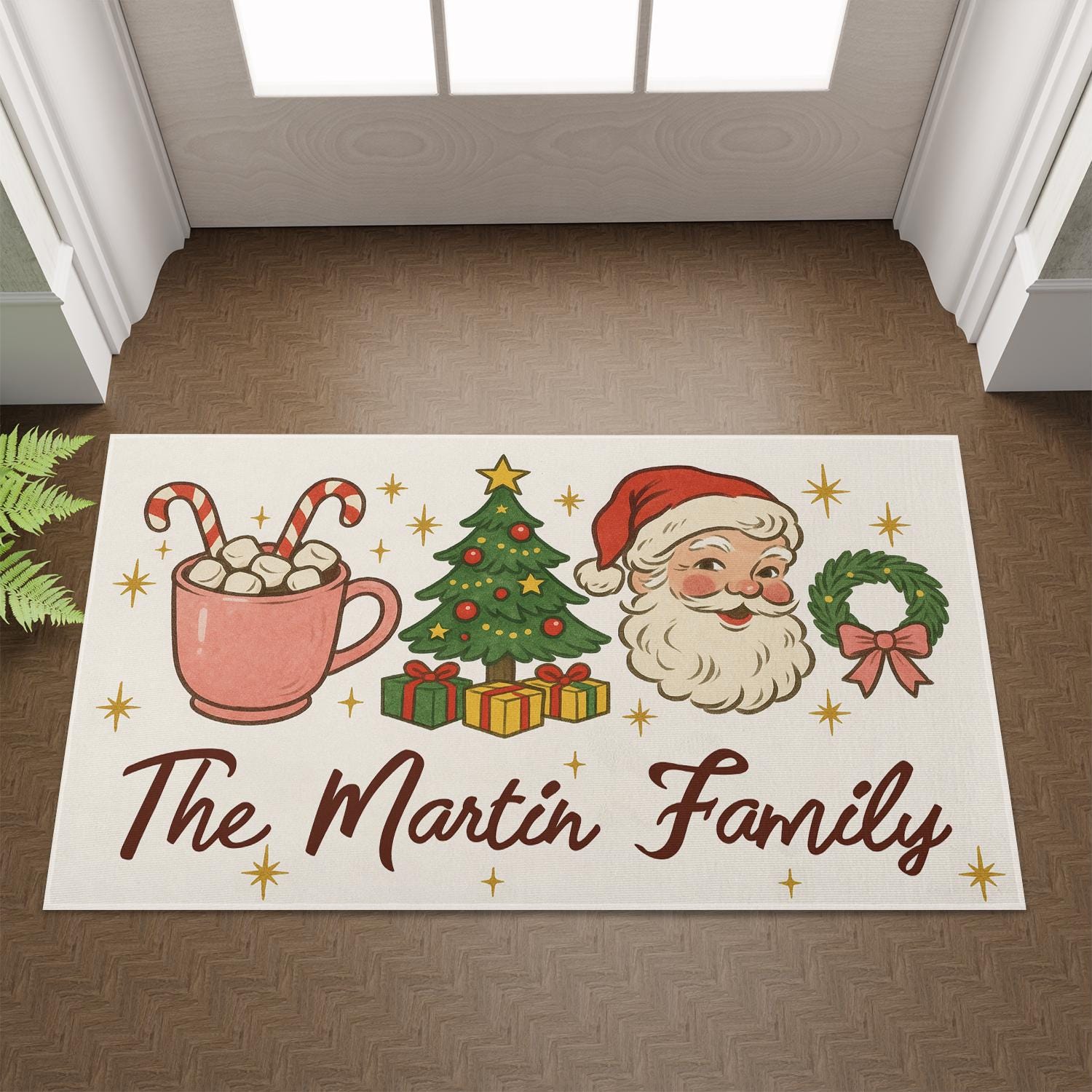 Personalized Christmas Doormat with Santa, Tree, and Gifts – Family Name Design
